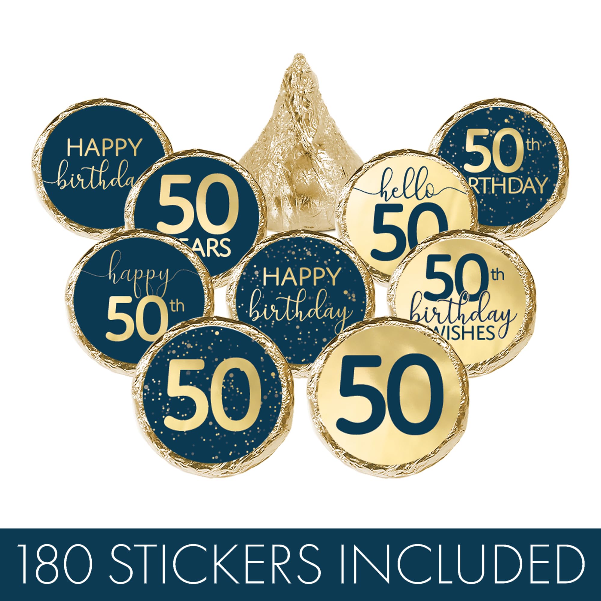 DISTINCTIVS Navy Blue and Gold Foil 50th Birthday Kiss Stickers - 180 Count - Real Gold Foil - 50th Birthday Party Favors for Men and Women