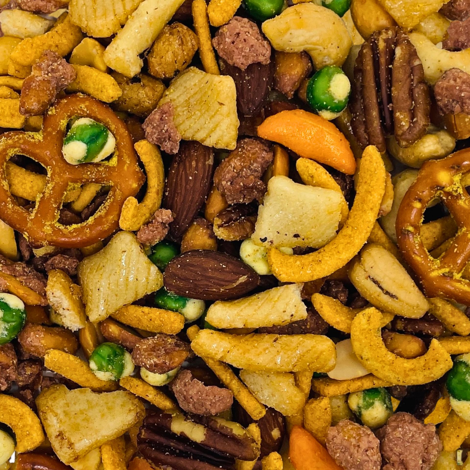 Belmont Peanuts Backyard Party Mix, 18 oz (Pack of 1) | Butter Toffee Peanuts, Wasabi Peas, Cashews, Corn & Rice Sticks, Pecans, Pretzels | Simple