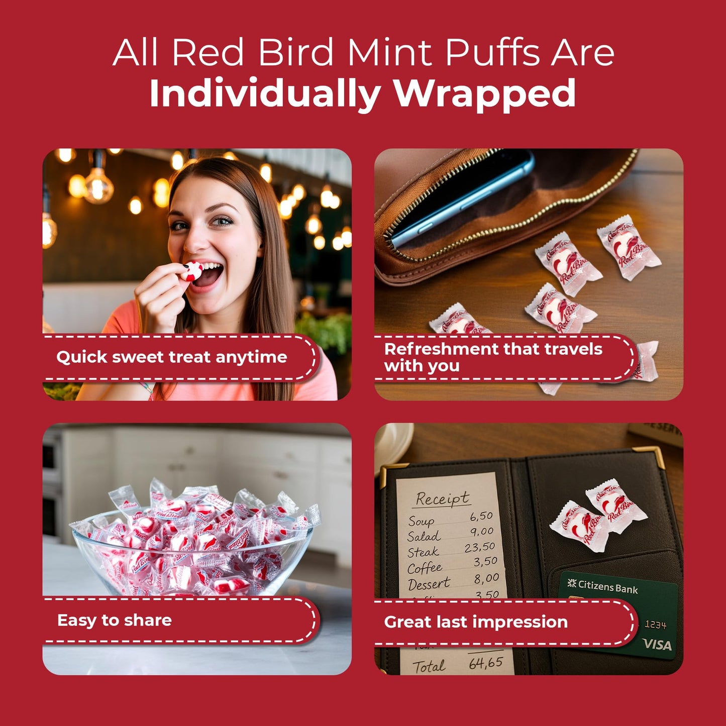 Red Bird Soft Peppermint Puffs Candy, Individually Wrapped Soft Mints, 52 oz Tub