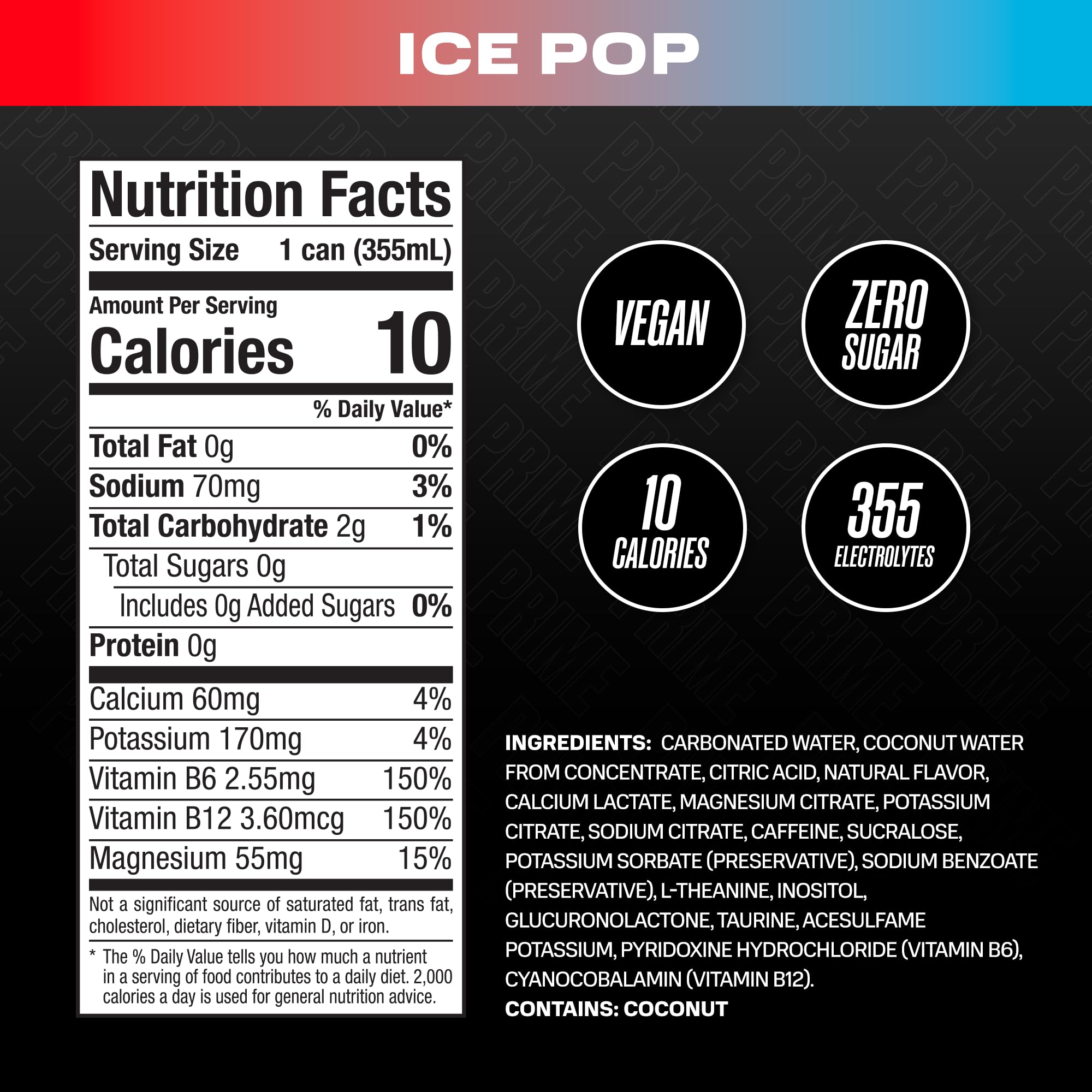 PRIME Energy ICE POP | Zero Sugar Energy Drink | Preworkout Energy | 200mg Caffeine with 355mg of Electrolytes and Coconut Water for Hydration| Vegan