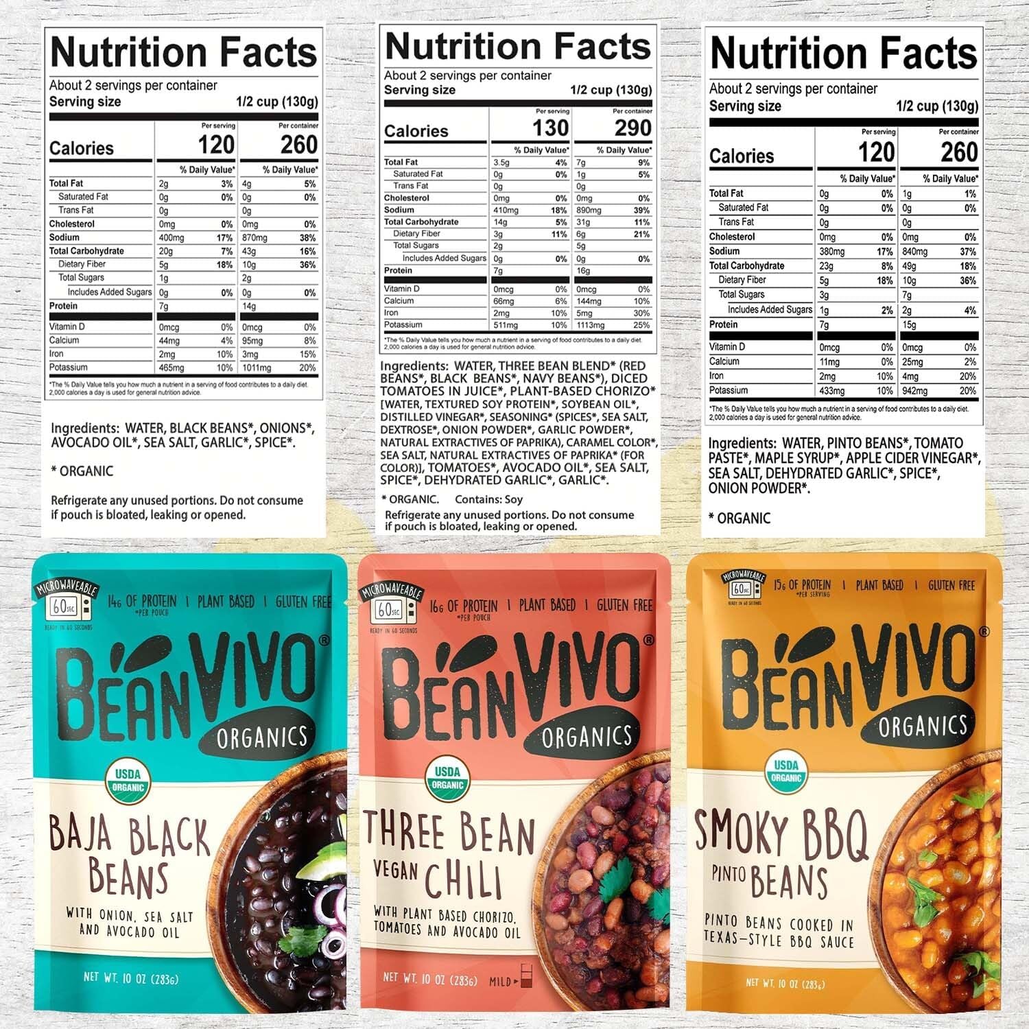 BeanVIVO - Variety 12 Pack (10 oz each) - Organic Baja Black Beans, Three Bean Vegan Chili, BBQ Pinto Beans - Seasoned & Ready to Eat, Plant Protein