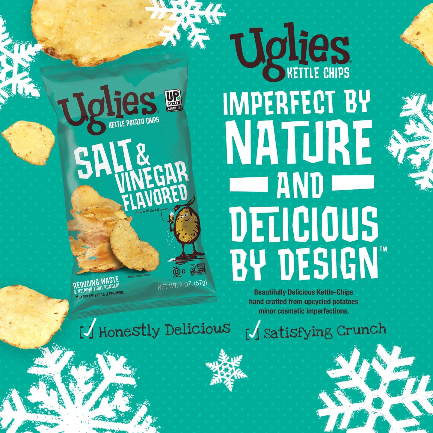 UGLIES Kettle-Cooked Potato Chips, Gluten-Free Snacks, Kosher-Friendly, Non-GMO Snacks for Kids or Office, Salt and Vinegar Potato Chips, 2 Oz. Each