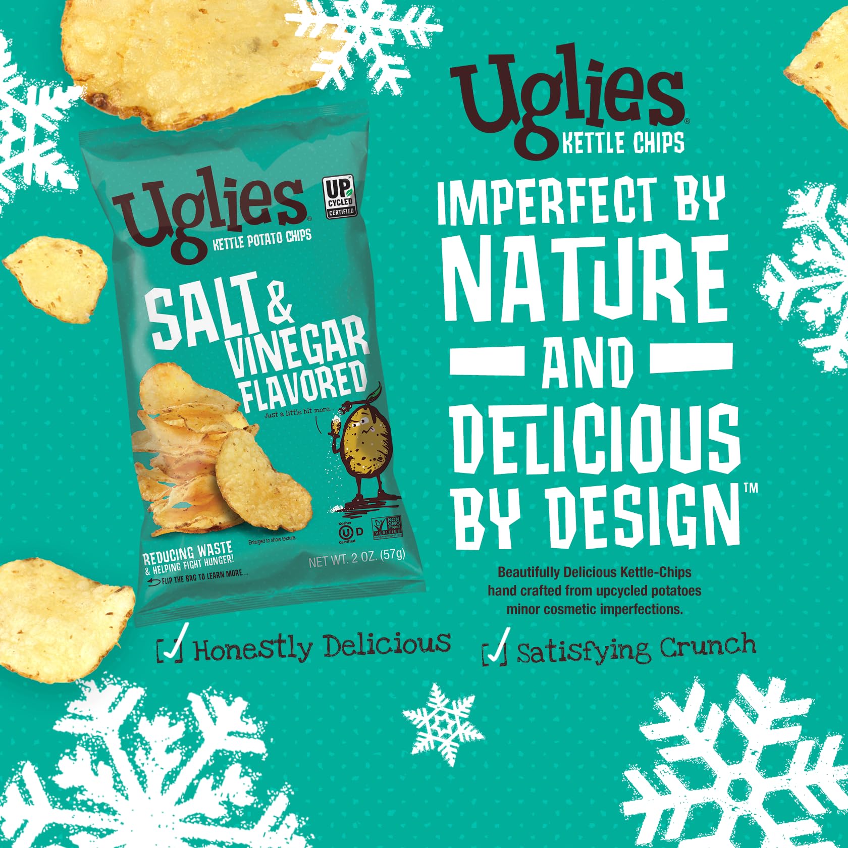 UGLIES Kettle-Cooked Potato Chips, Gluten-Free Snacks, Kosher-Friendly, Non-GMO Snacks for Kids or Office, Salt and Vinegar Potato Chips, 2 Oz. Each