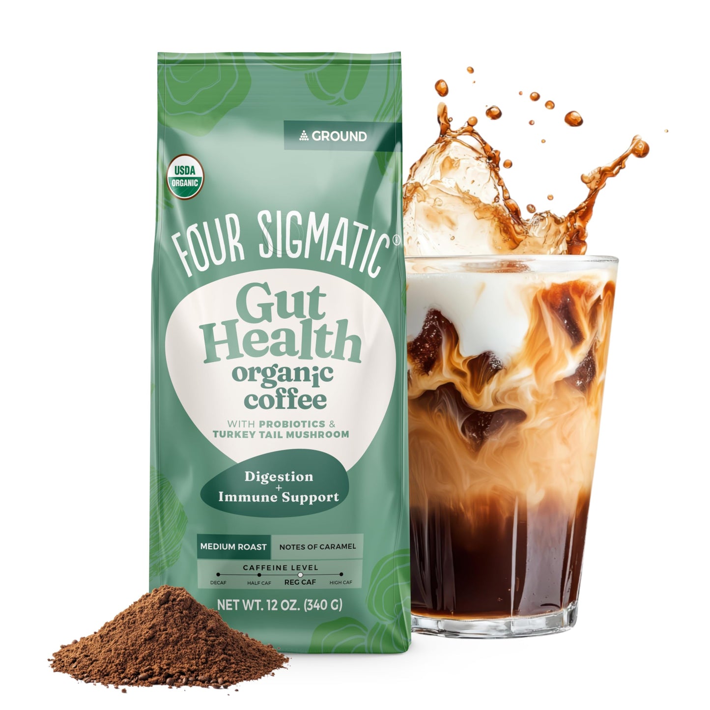 Four Sigmatic Gut Health Organic Ground Coffee | Medium Roast, Immune Boosting Probiotic Mushroom Coffee with Chaga & Turkey Tail for Gut Health