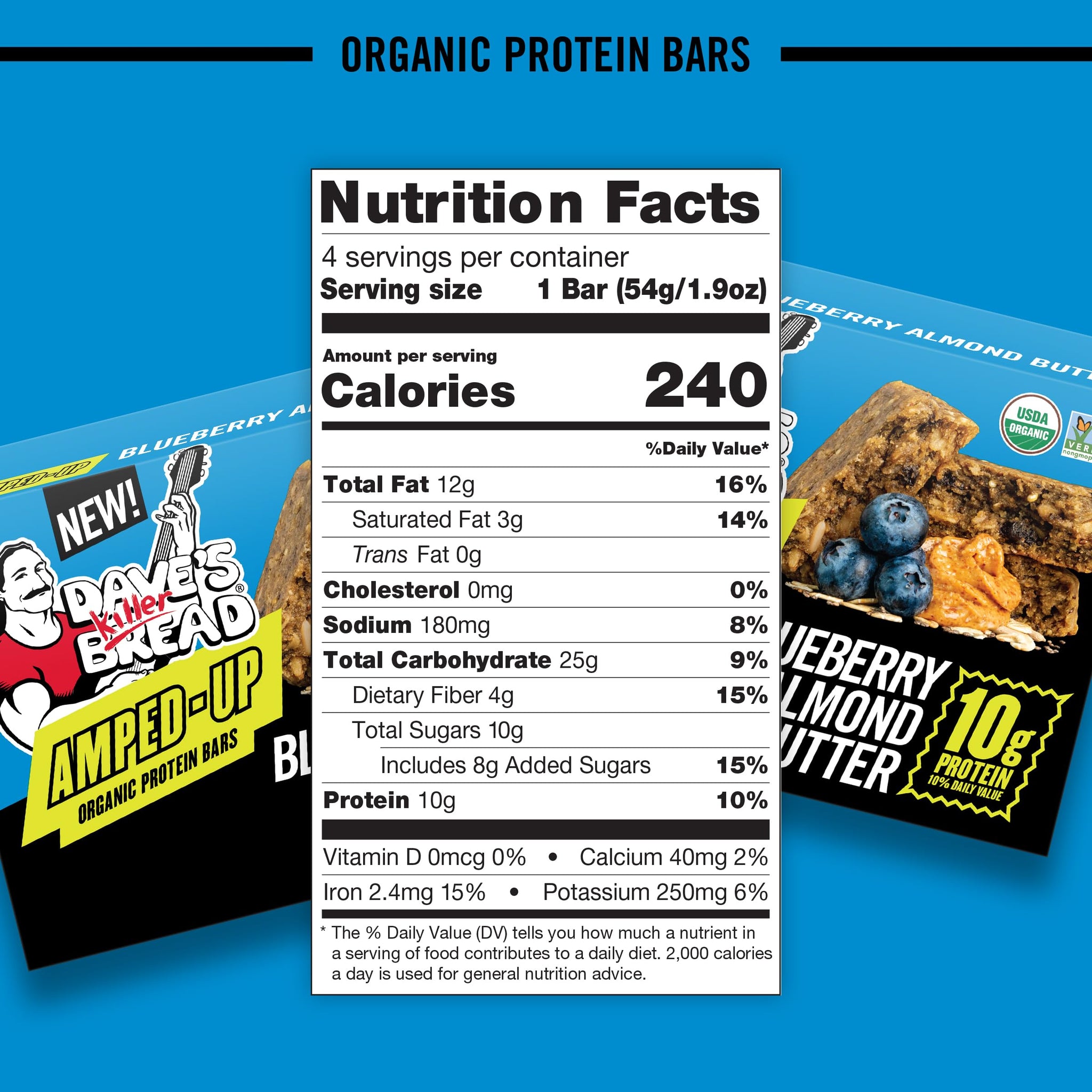 Dave's Killer Bread Blueberry Almond Butter Amped-Up Protein Bars 4 CT + 1 Branded Sticker Variety Pack