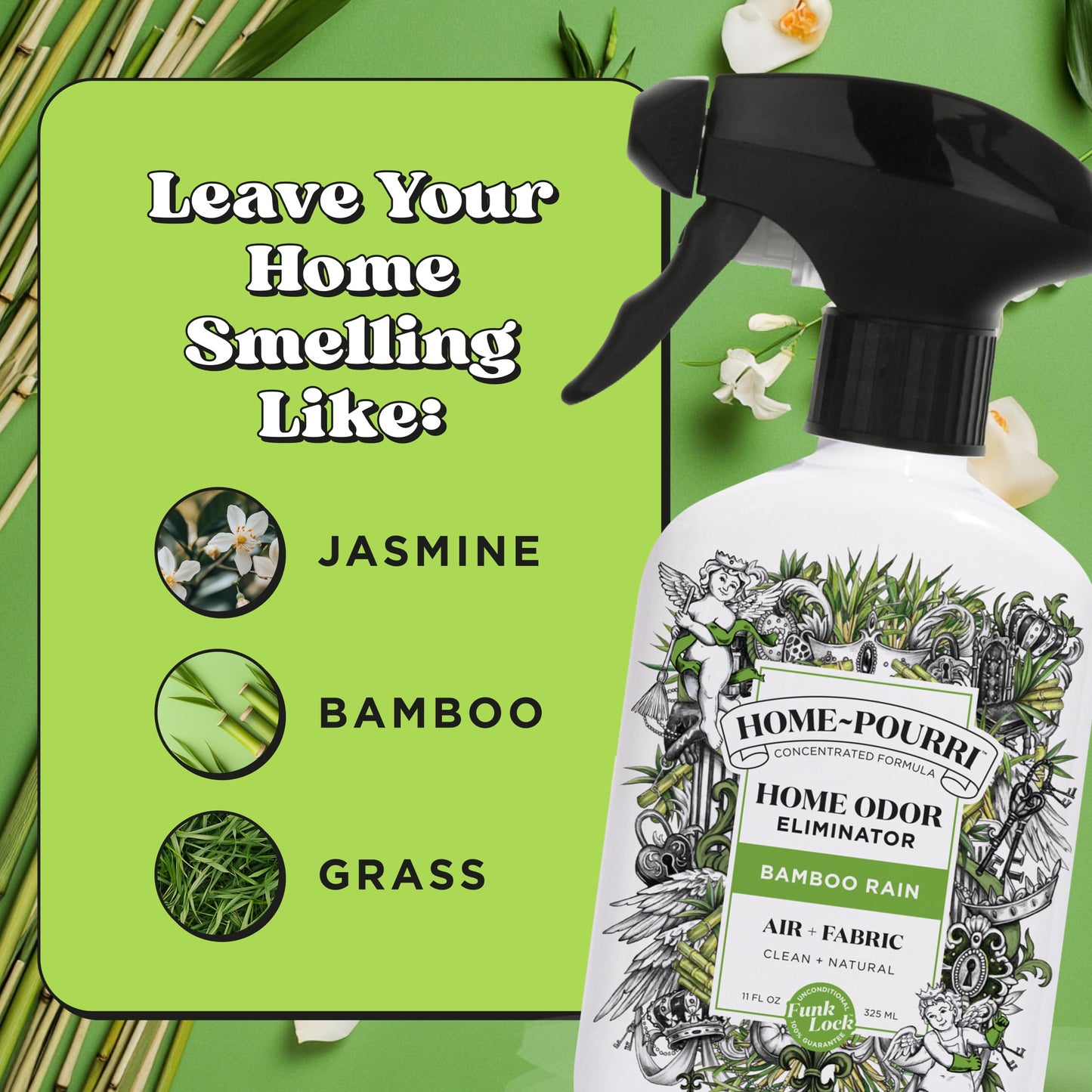 Home-Pourri Air + Fabric Multi-Purpose Odor Freshener Spray, Bamboo Rain, 11 Fl Oz - Jasmine, Bamboo and Fresh Grass
