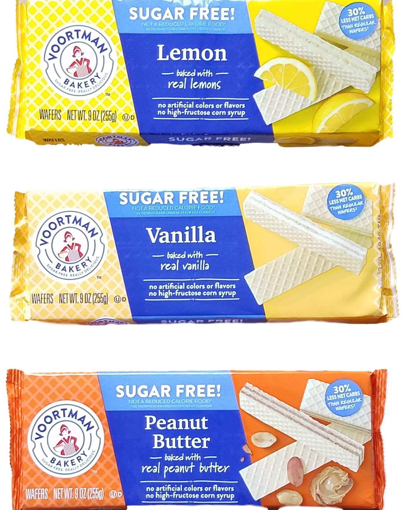 Lemon, Peanut Butter, Vanilla -Sugar Free Wafer Cookies - 9 Oz Each- Bundle of 3