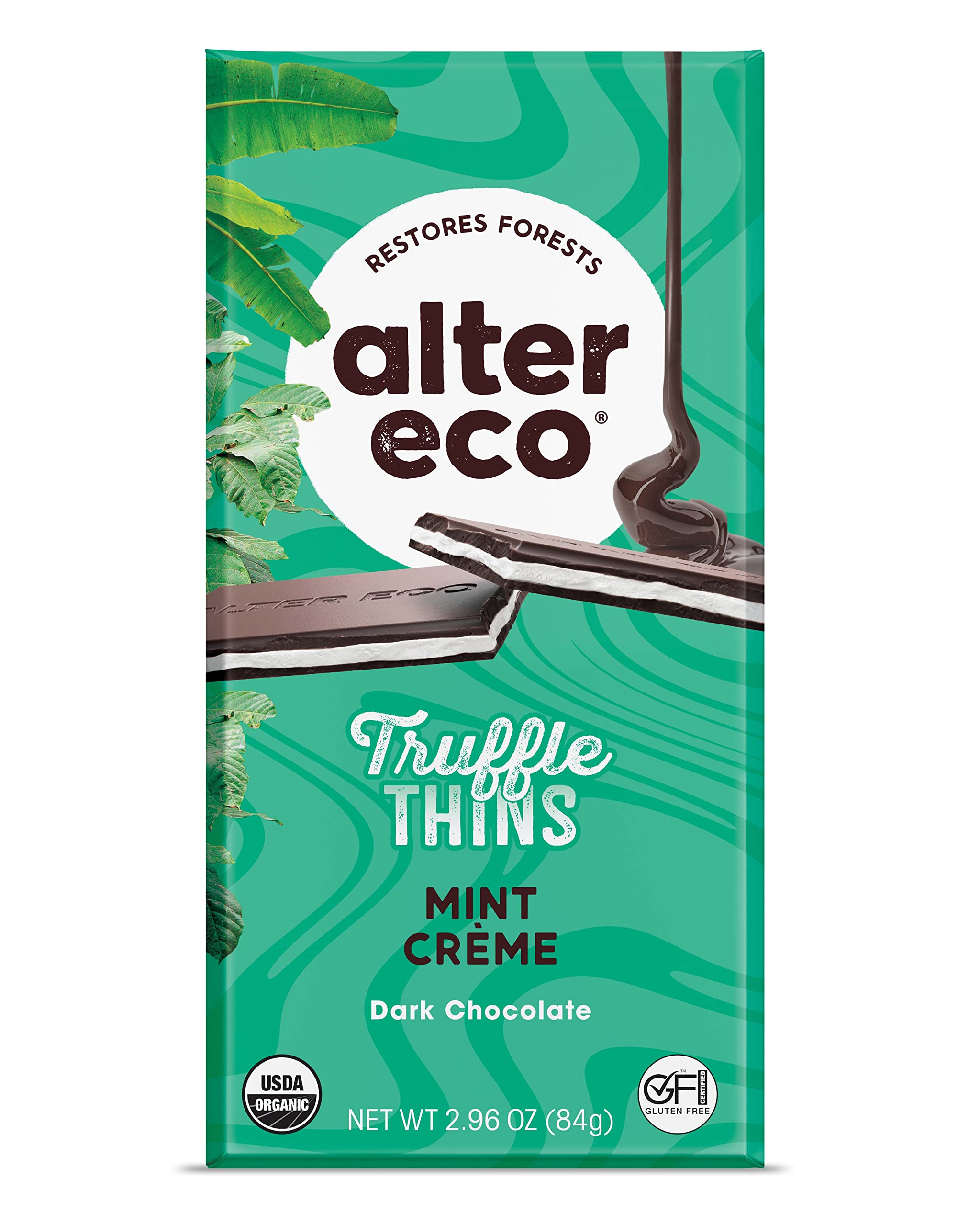 Alter Eco Mint Creme Truffle Thins, Chocolate Bar with Gooey Ganache Truffle Filling, Gluten-Free, Non-GMO Snacks, No Additives or Artificial