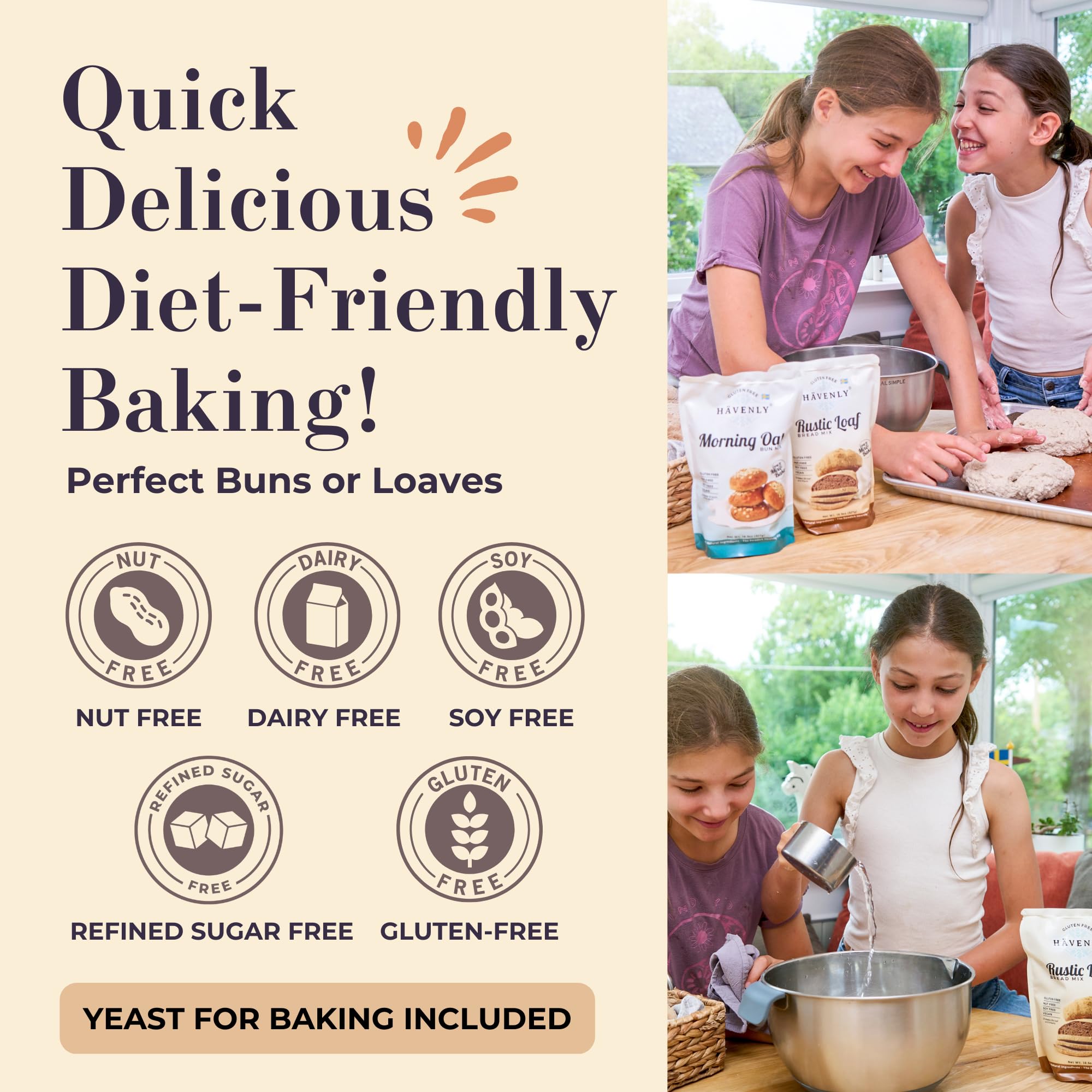 Havenly Morning Oat Bread Mix 18.5 oz. Gluten Free Flour | Vegan, Dairy, Nut, Soy Free | No Knead - Easy to Make | High Fiber, Whole Grain, Gluten Free Organic Oat and Buckwheat flour Ingredients | Baking Yeast Included