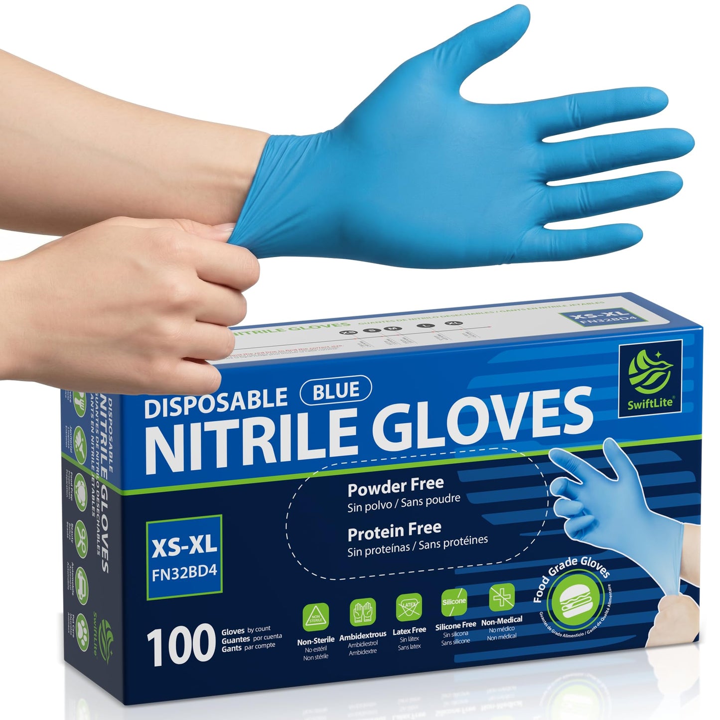 SWIFTLITE Food Safe Disposable Gloves, Blue Nitrile Rubber Gloves, Latex-Free Powder-Free for Food Prep, Cooking, Cleaning (Medium, 100)