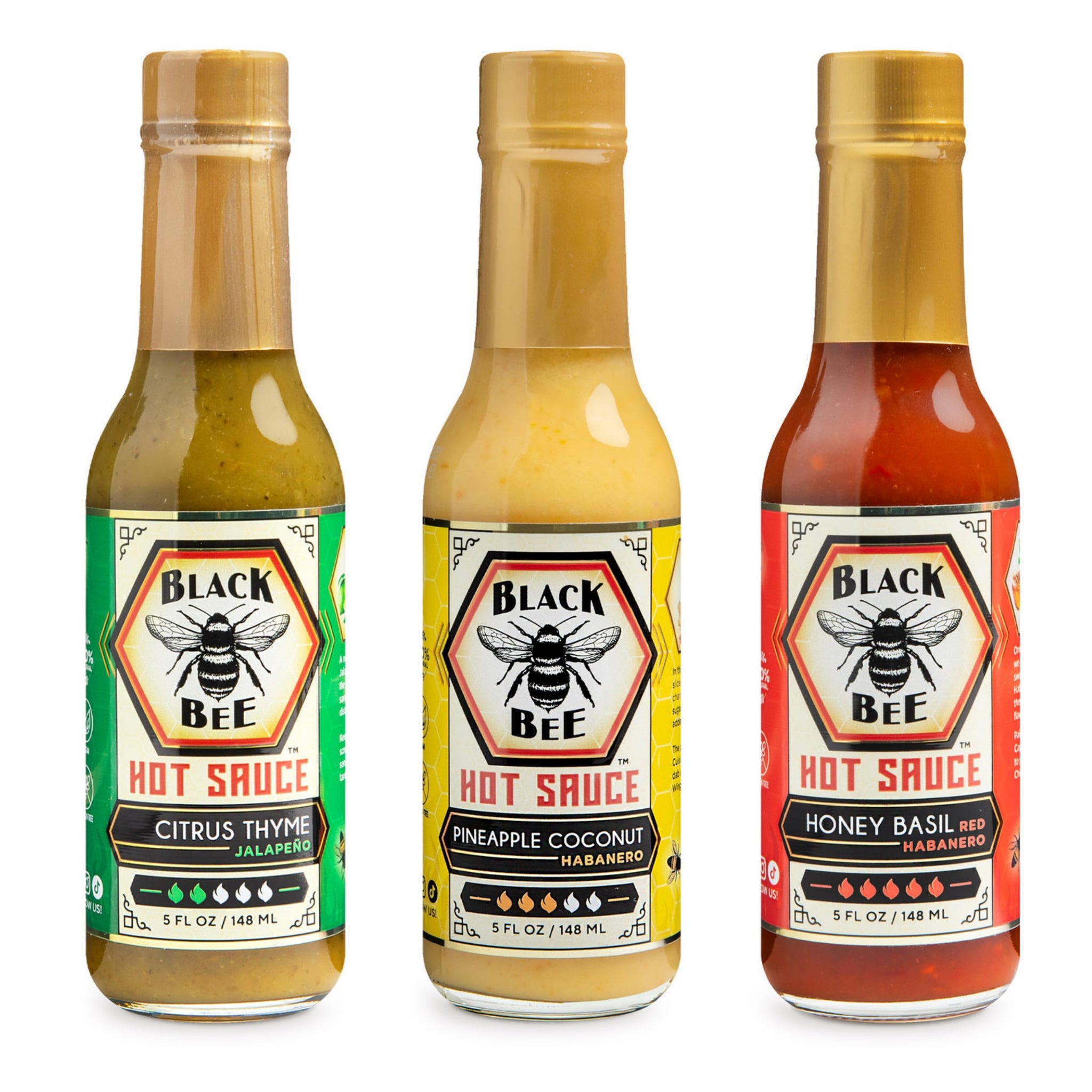 Black Bee Top 3 Hot Sauce Gift Set (3 Pack) - Citrus Thyme Jalapeño, Pineapple Coconut Habanero & Honey Basil Red Habanero - Small Batch Artisan Hot