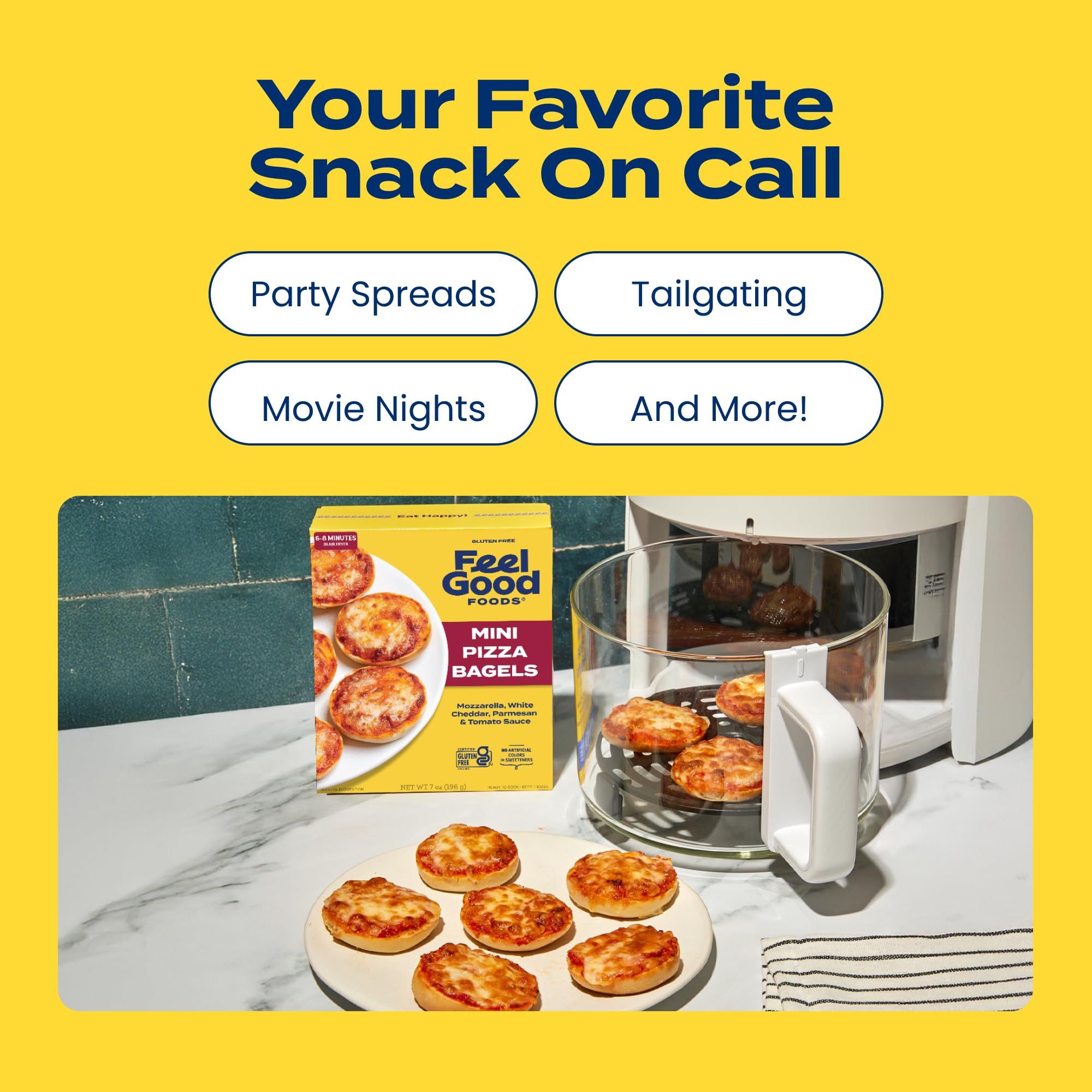 Feel Good Foods Gluten Free Mini Pizza Bagels - Frozen Snacks and Appetizers, Mini Bagel Bites with Mozzarella, White Cheddar & Parmesan Cheese, 7oz