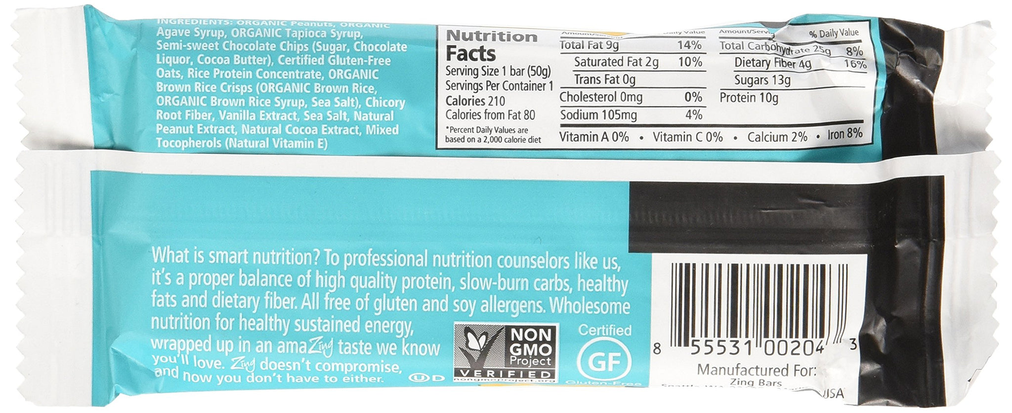 Zing Peanut Butter and Chocolate Chip Gluten Free Bars, 1.76-Ounce (Pack of 6)