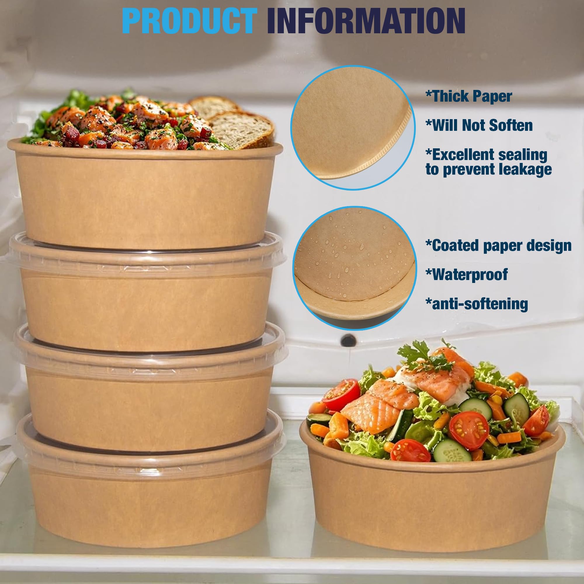 Ruthy's Outlet Kraft Salad Bowls W/Clear Lids - Disposable Paper Salad Containers, Eco-Friendly | Leak-Resistant | Microwave Safe - Ideal for Meal