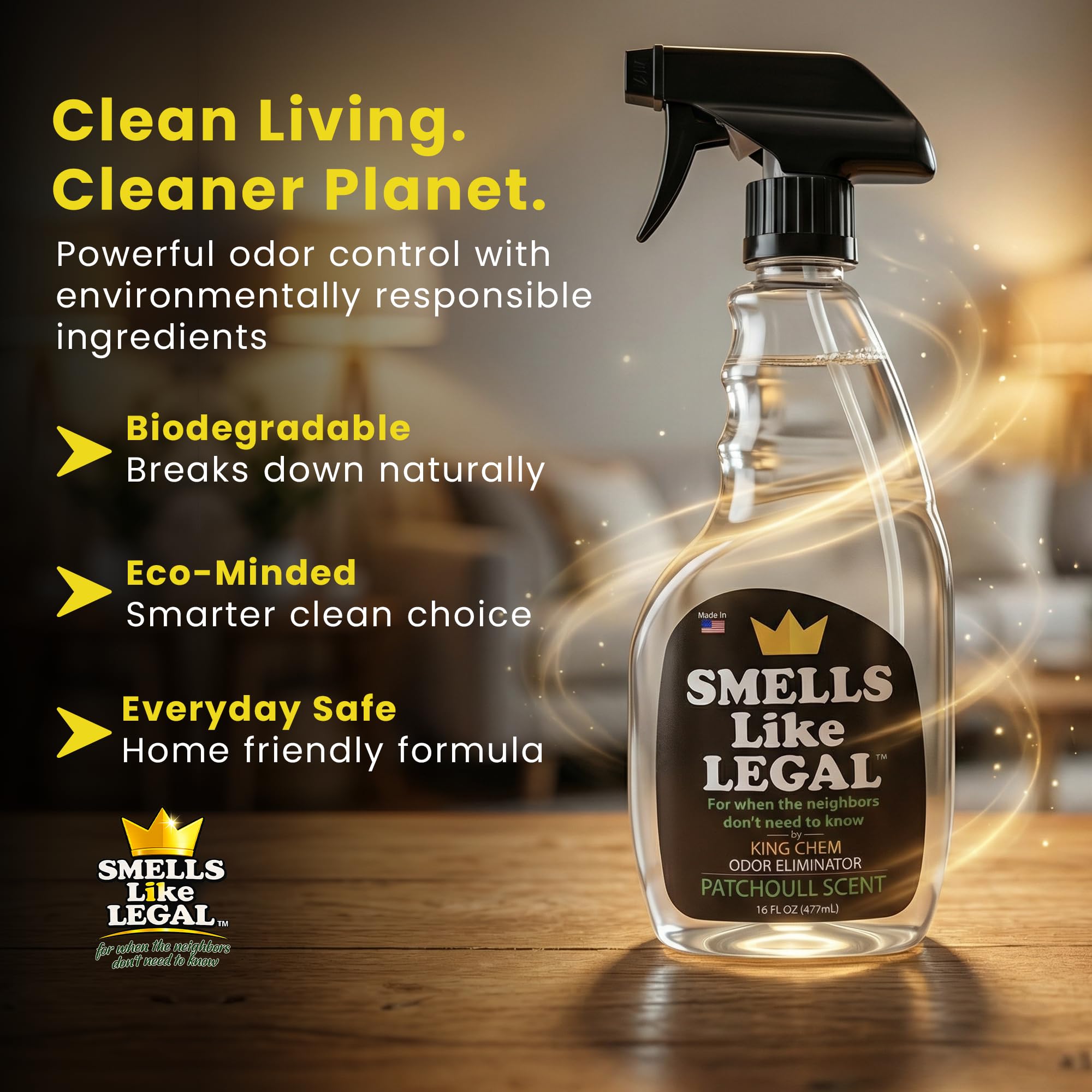 Smells Like Legal™ Patchouli Odor Eliminator Spray - Powerful Commercial-Grade - Eliminates Smoke, Pet & Food Odors at source - Fabric-Safe