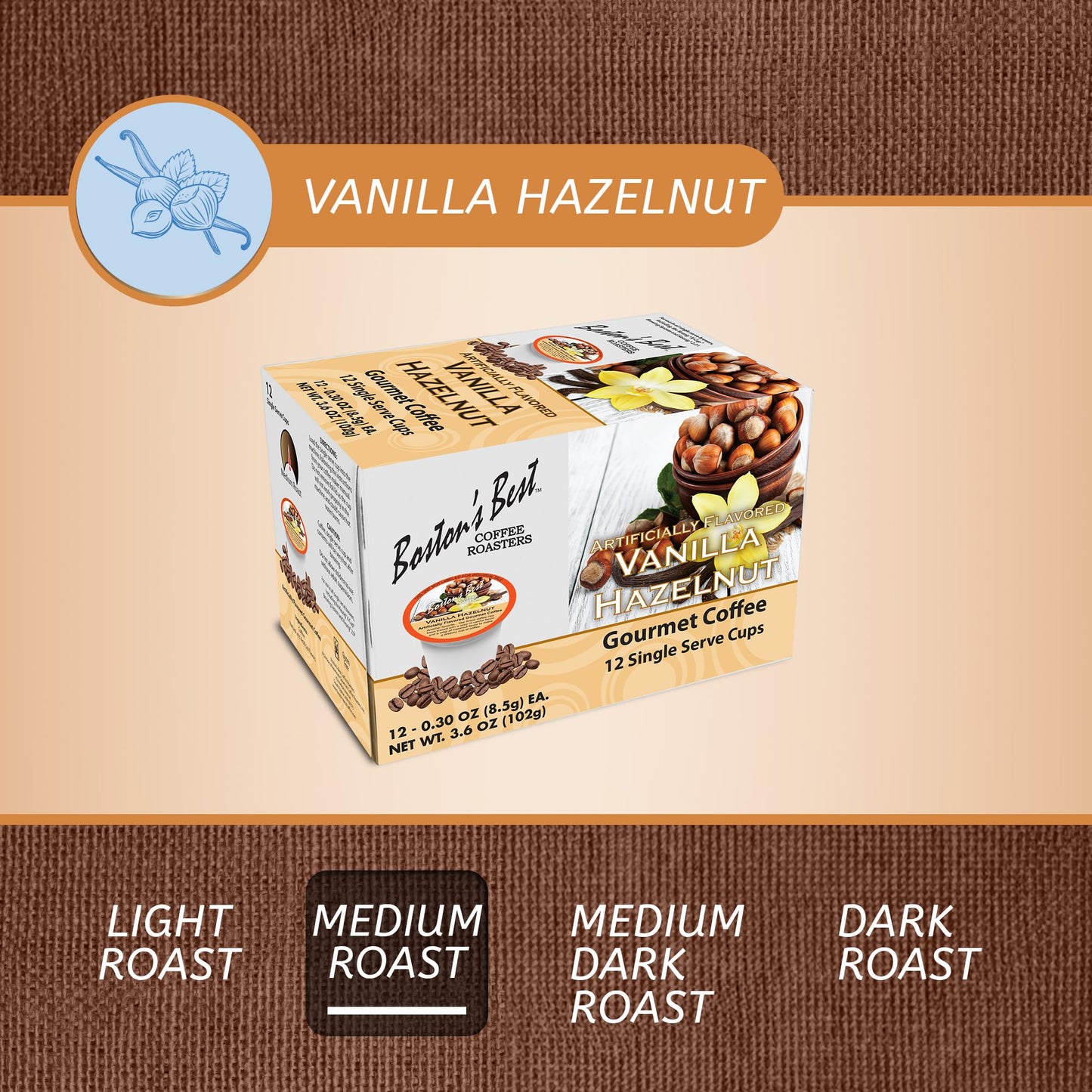 Boston’s Best - Vanilla Hazelnut Delicious Medium Roast Flavored Gourmet Coffee Compatible with Keurig Coffee Maker, 1 Count (12 Single Serve Cups)