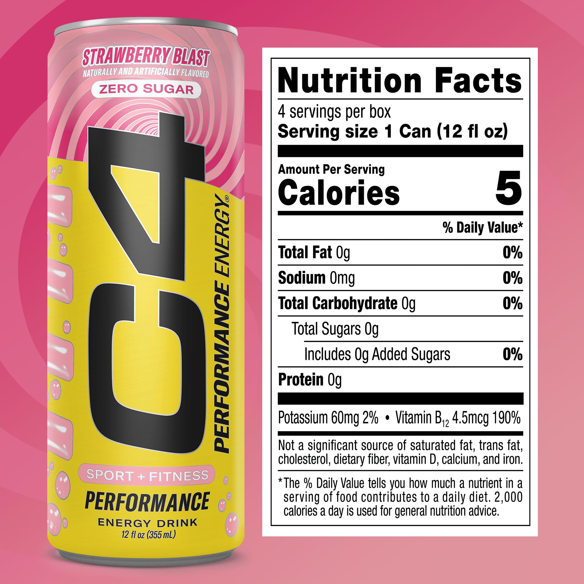 C4 Performance Energy Drink with Zero Sugar, Strawberry Blast, 4pk