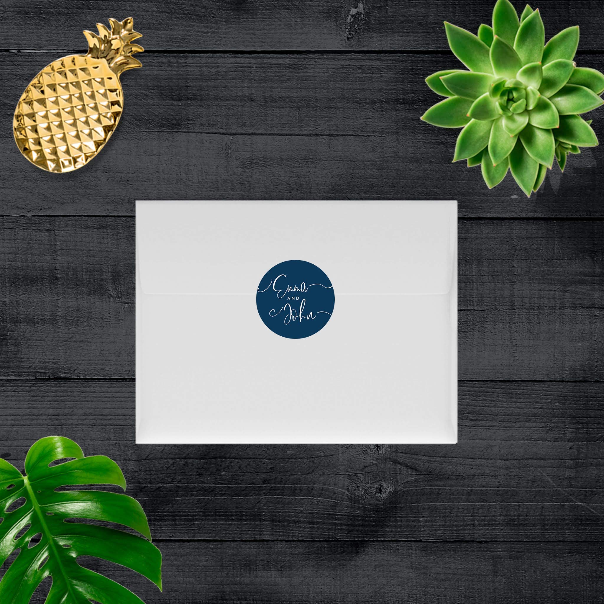 Andaz Press Winter Navy Blue with Eucalyptus Blossoms Wedding Party Collection, Personalized Chocolate Drop Label Stickers Trio, Custom Name and Date