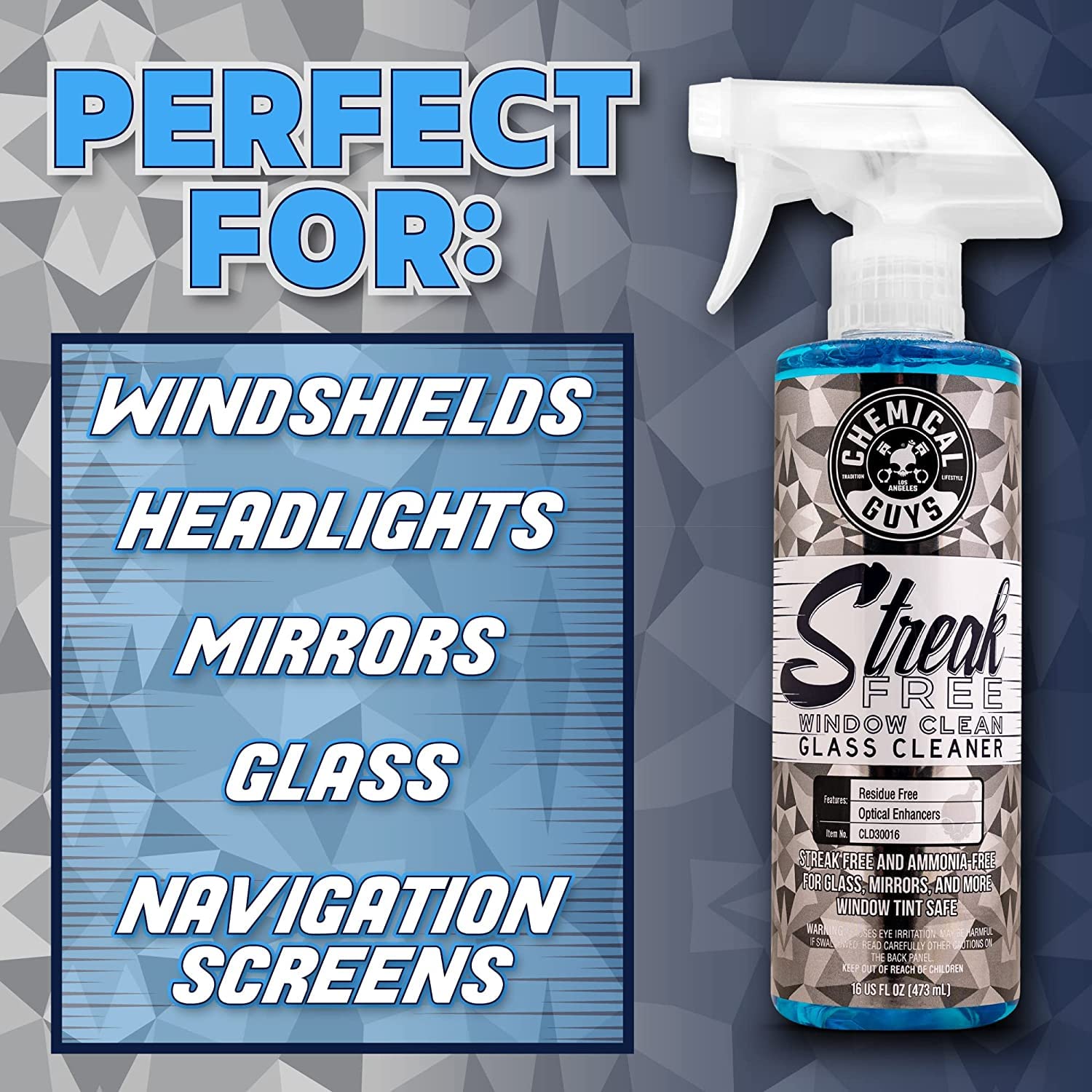 Chemical Guys Streak Free Window Cleaner - Ammonia-Free Glass Cleaner for Crystal Clear Clarity, Safe on Tint, Mirrors, Touchscreens, Windshields