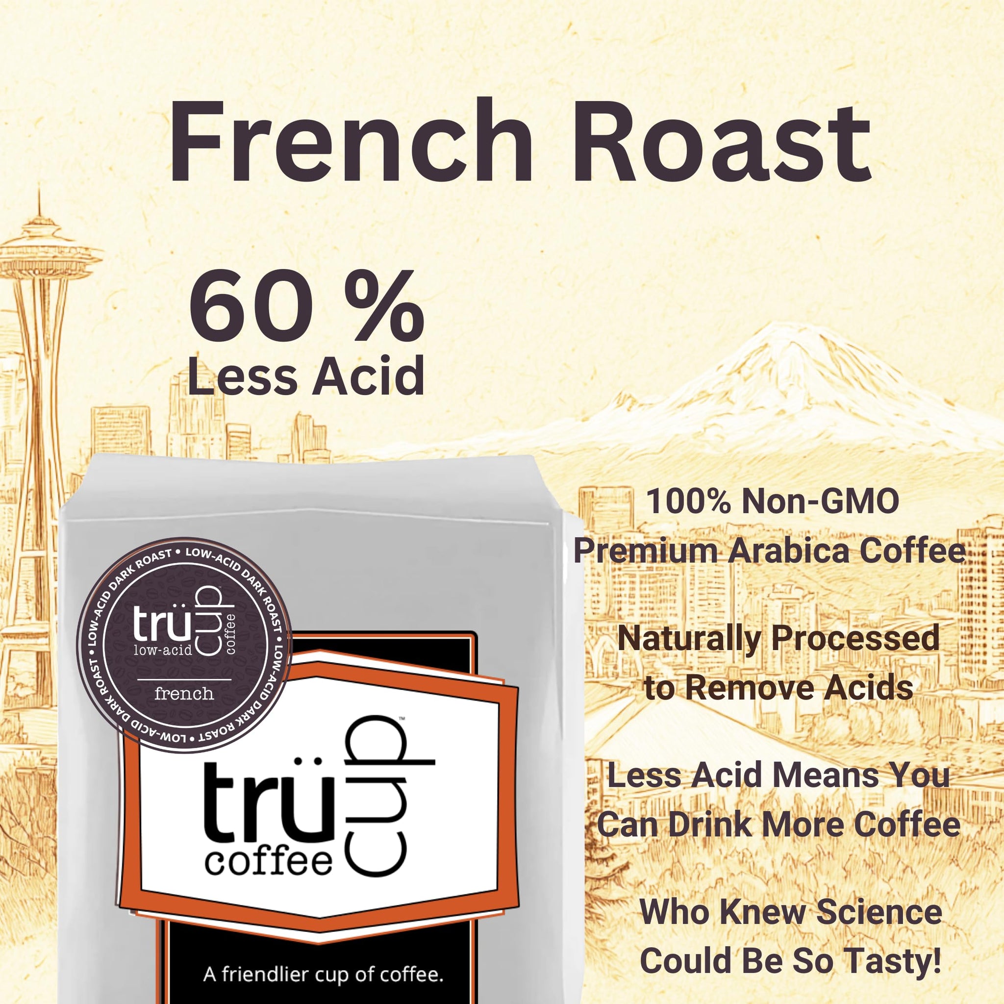 trücup Low Acid Coffee, Whole Bean Coffee French Roast 2 LB, Natural Water&Steam Process (60% Less Acid), Smooth Flavor, Stomach-Friendly Rich in