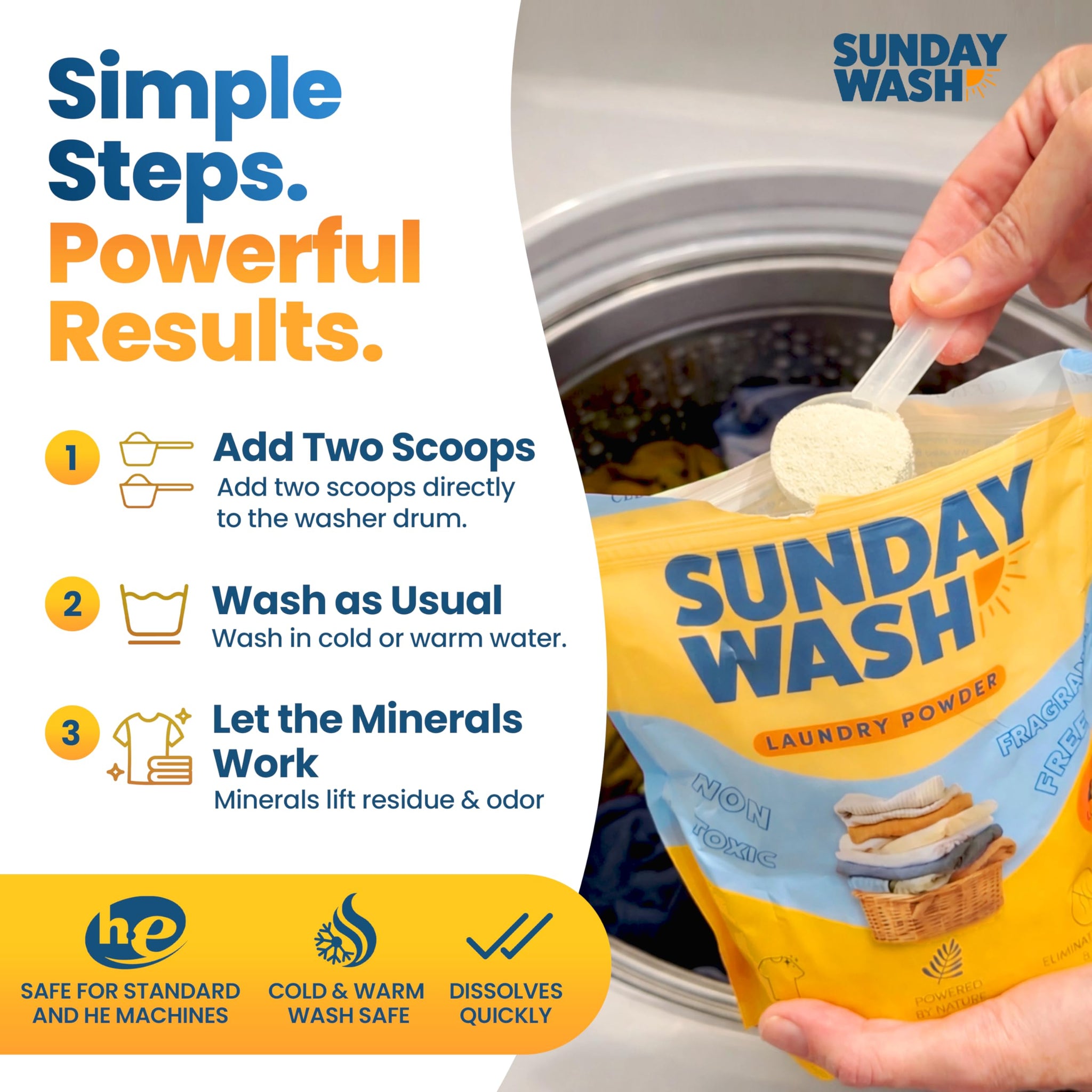 Sunday Wash Natural Laundry Detergent Powder | Mineral Based, All Natural, Fragrance Free Household | Mineral Powered Deep Clean, Powder Laundry
