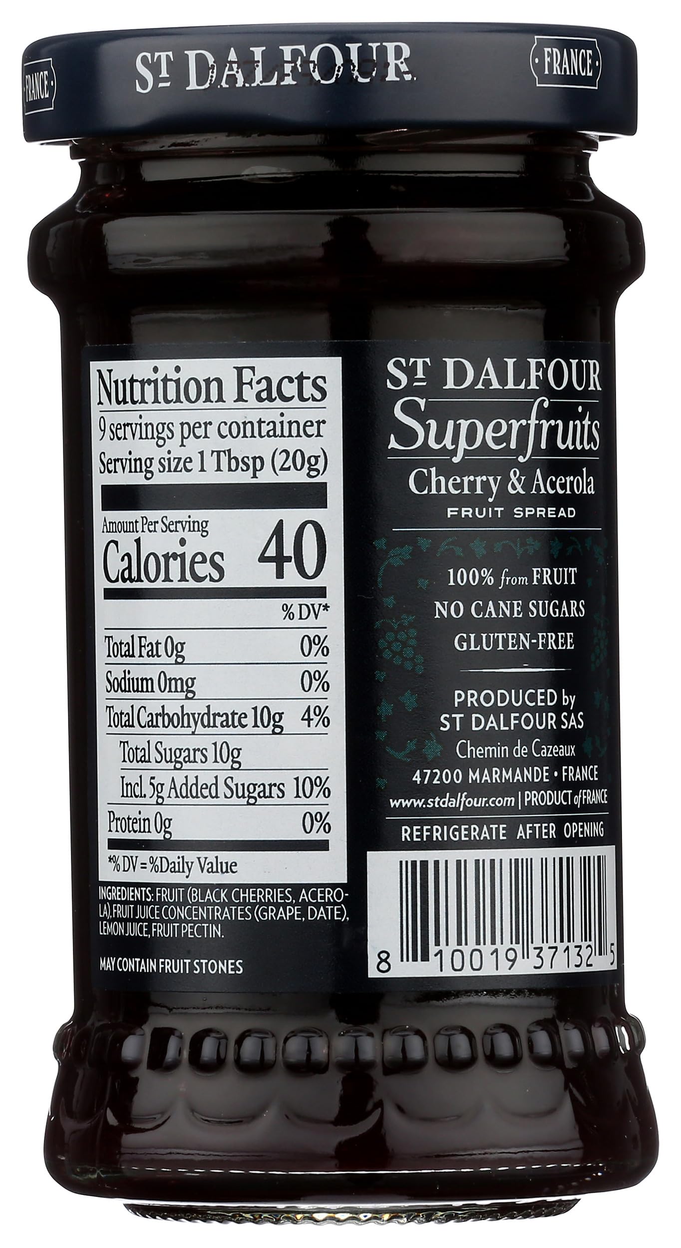 St. Dalfour Superfruits Cherry & Acerola Fruit Spread - 6 oz - 100% from Fruit, Gluten-Free, No Artificial Ingredients, Non-GMO, All Natural, Made in