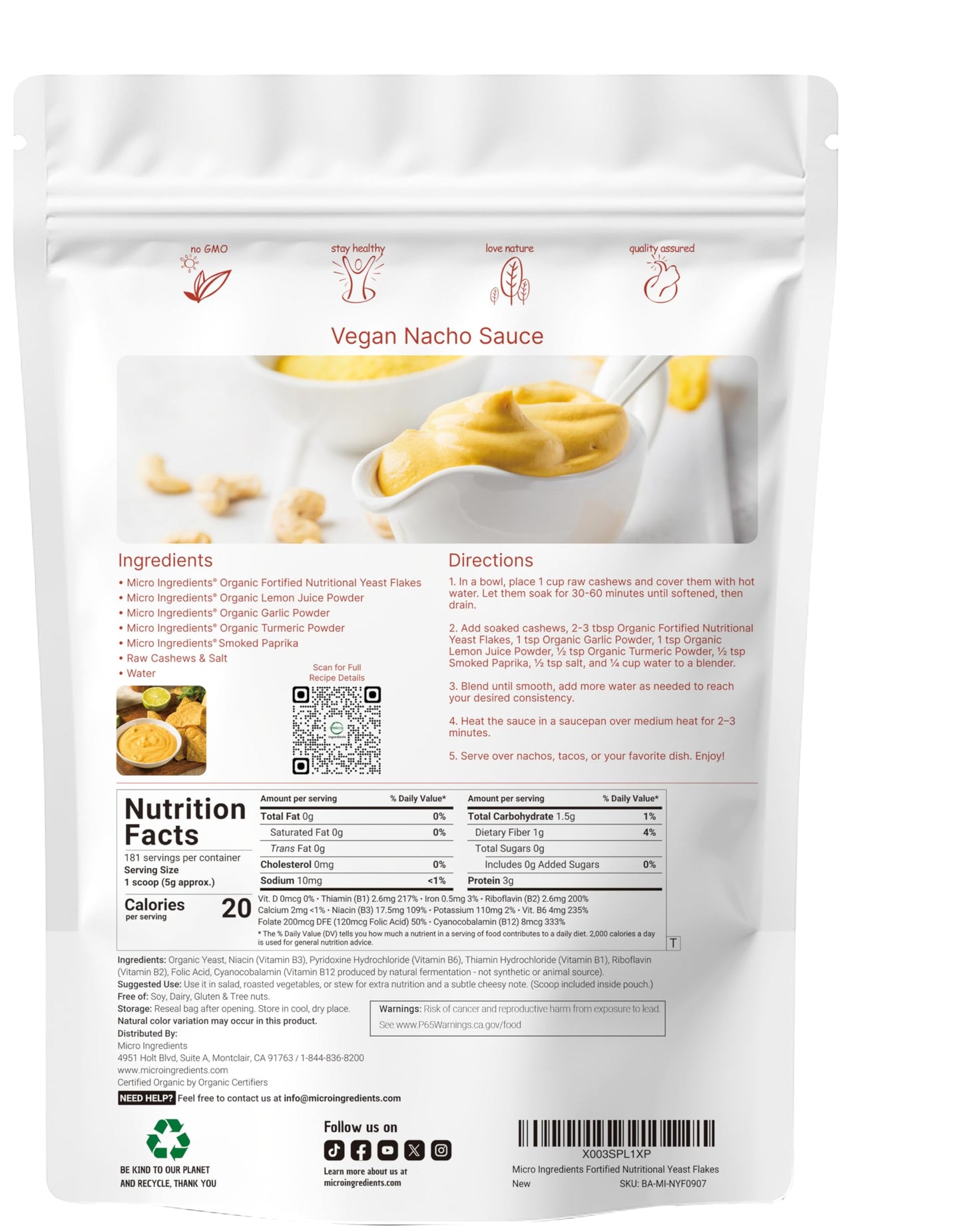 Micro Ingredients Organic Fortified Nutritional Yeast Flakes, 2lb (32oz) | Rich in Vegan Protein, B Vitamins, & Beta-Glucans | Keto Friendly, Dairy