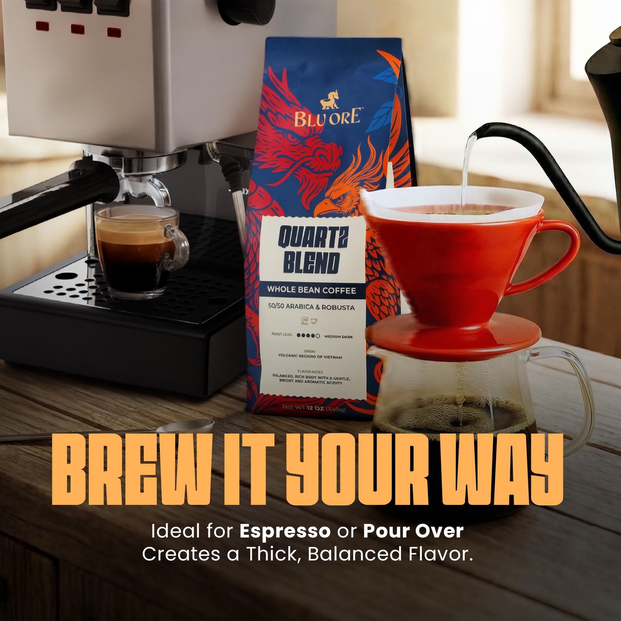 Blu Ore Quartz Blend Whole Bean Coffee, Single Origin Vietnam Espresso Beans, Medium Dark Roast 50% Arabica & 50% Robusta Blend with Rich Body