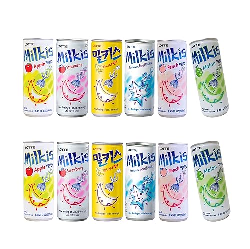 Lotte Milkis 6 Flavors Combo (Original, Apple, Melon, Peach, Banana, & Strawberry) (6 x 2 Cans, 8.45 FL Oz (Pack of 12))