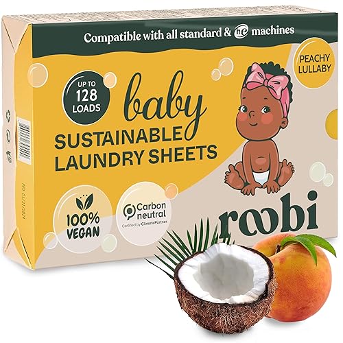 Roobi Baby Laundry Detergent Sheets. Specially Formulated for Sensitive Skin. Newborns, Infants & Toddlers Clothes. Peachy Lullaby Scent. Up to 128