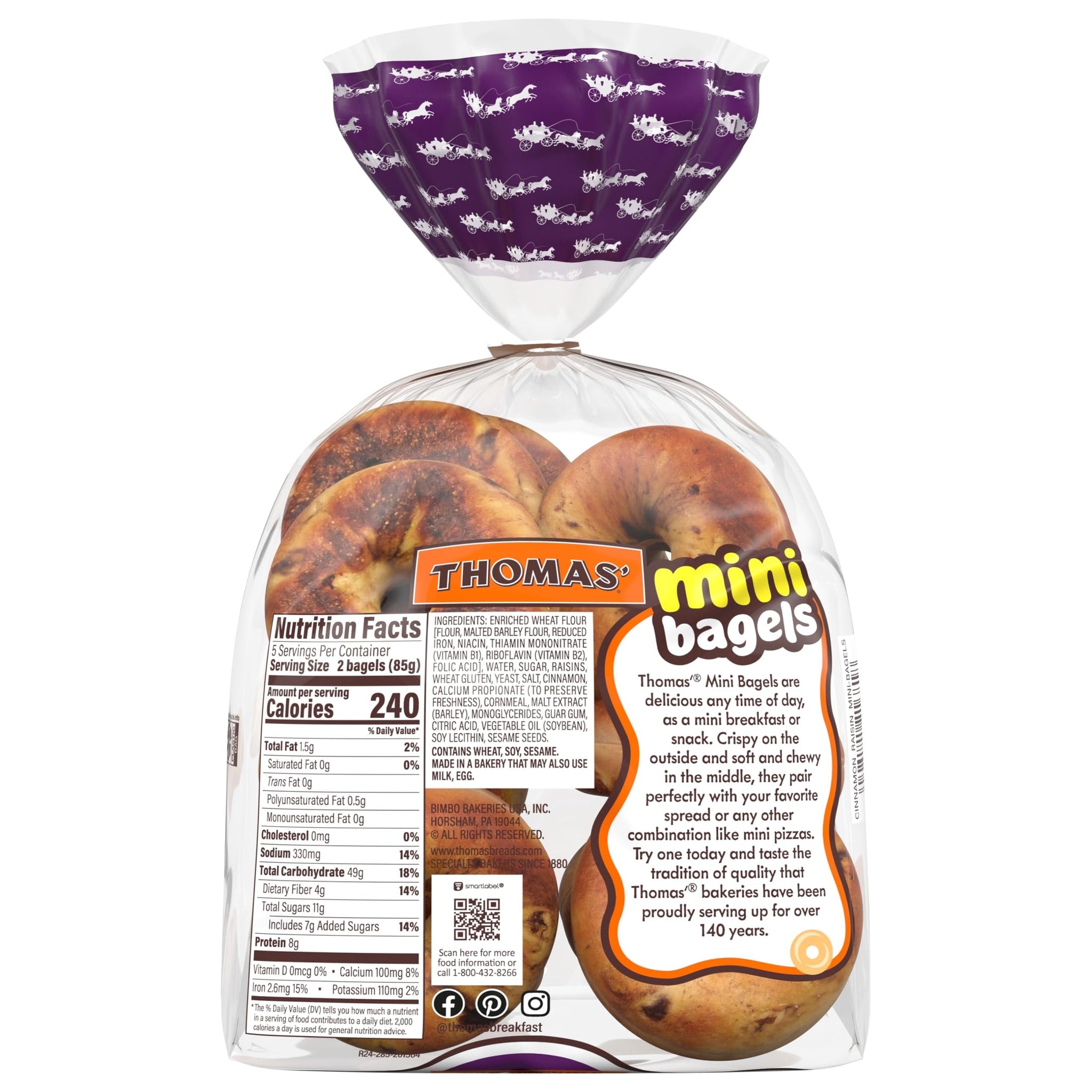 Thomas' Cinnamon Raisin Mini Bagels, 10 Pre Sliced Mini Bagels with No High Fructose Corn Syrup, 15 Oz Bag