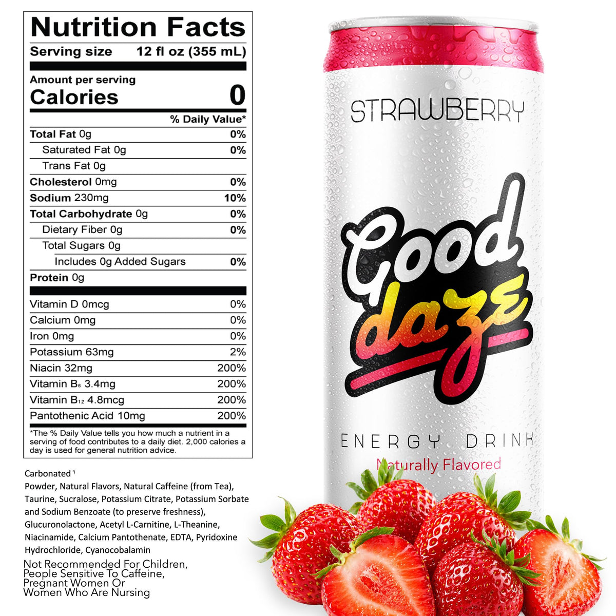 Good Daze Energy Drink, 200mg of Caffeine, Sugar Free, Strawberry 12-Pack