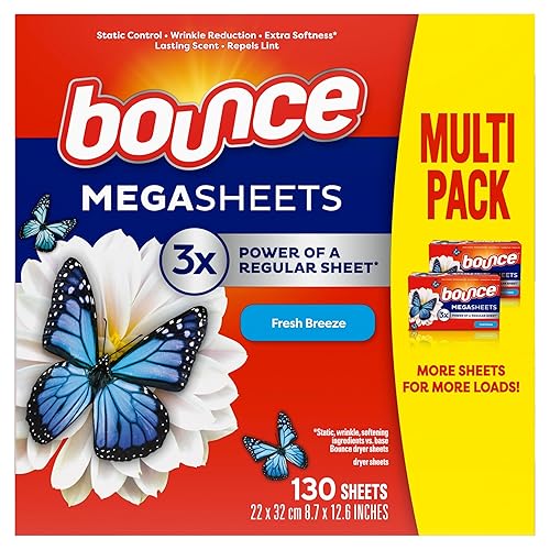 Bounce Mega Dryer Sheets, Fresh Breeze, 130 Count, Mega Fabric Softener Sheets with Static Control, Wrinkle Reduction, Extra Softness, Lasting Scent