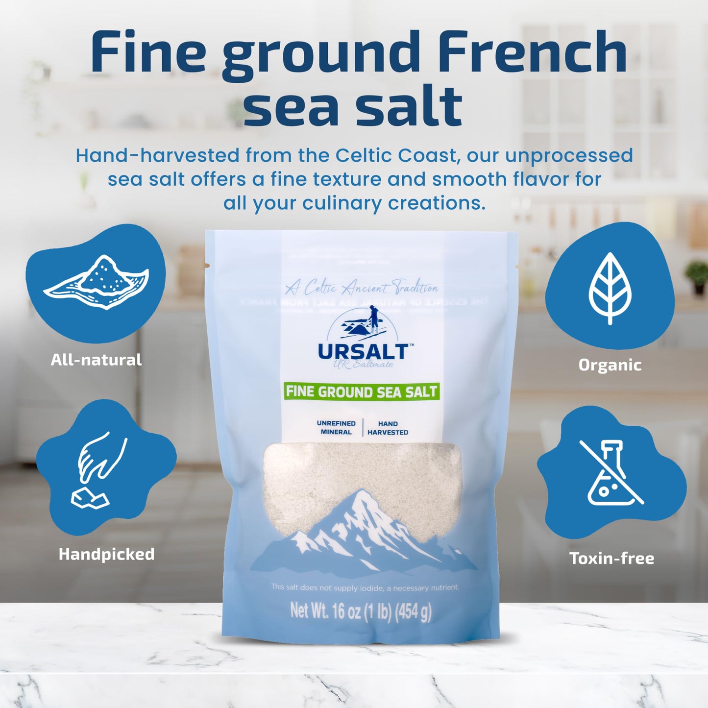 URSALT Fine Ground French Sea Salt - Hand-Harvested Sel Gris from France (1lb) - 82+ Mineral-Rich, 100% Natural & Unrefined, Organic Gourmet Salt