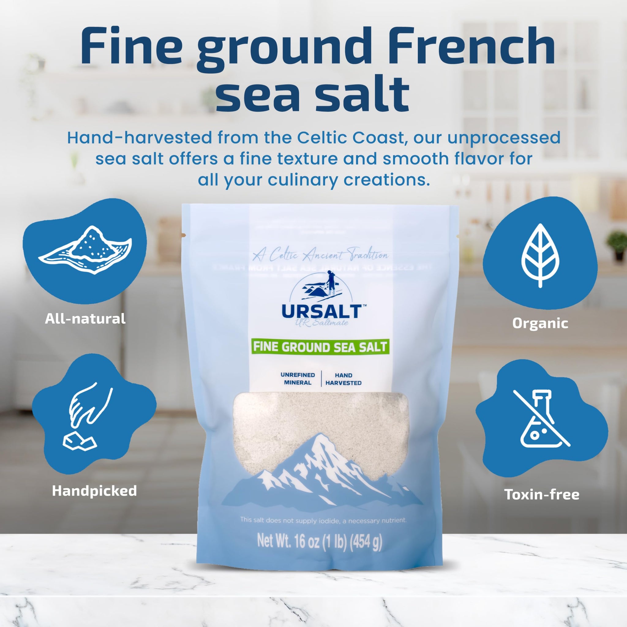 URSALT Fine Ground French Sea Salt - Hand-Harvested Sel Gris from France (1lb) - 82+ Mineral-Rich, 100% Natural & Unrefined, Organic Gourmet Salt