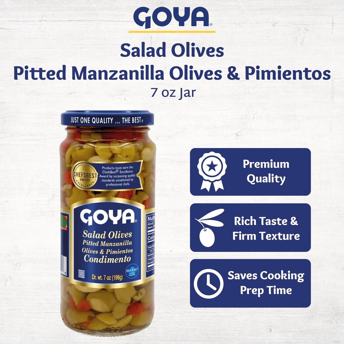 Goya Salad Olives, Pitted Manzanilla Spanish Olives with Pimientos, Tangy, Flavorful for Cocktails, Tapas, Salads, and Snacking, 2-Pack (7 oz Jars)
