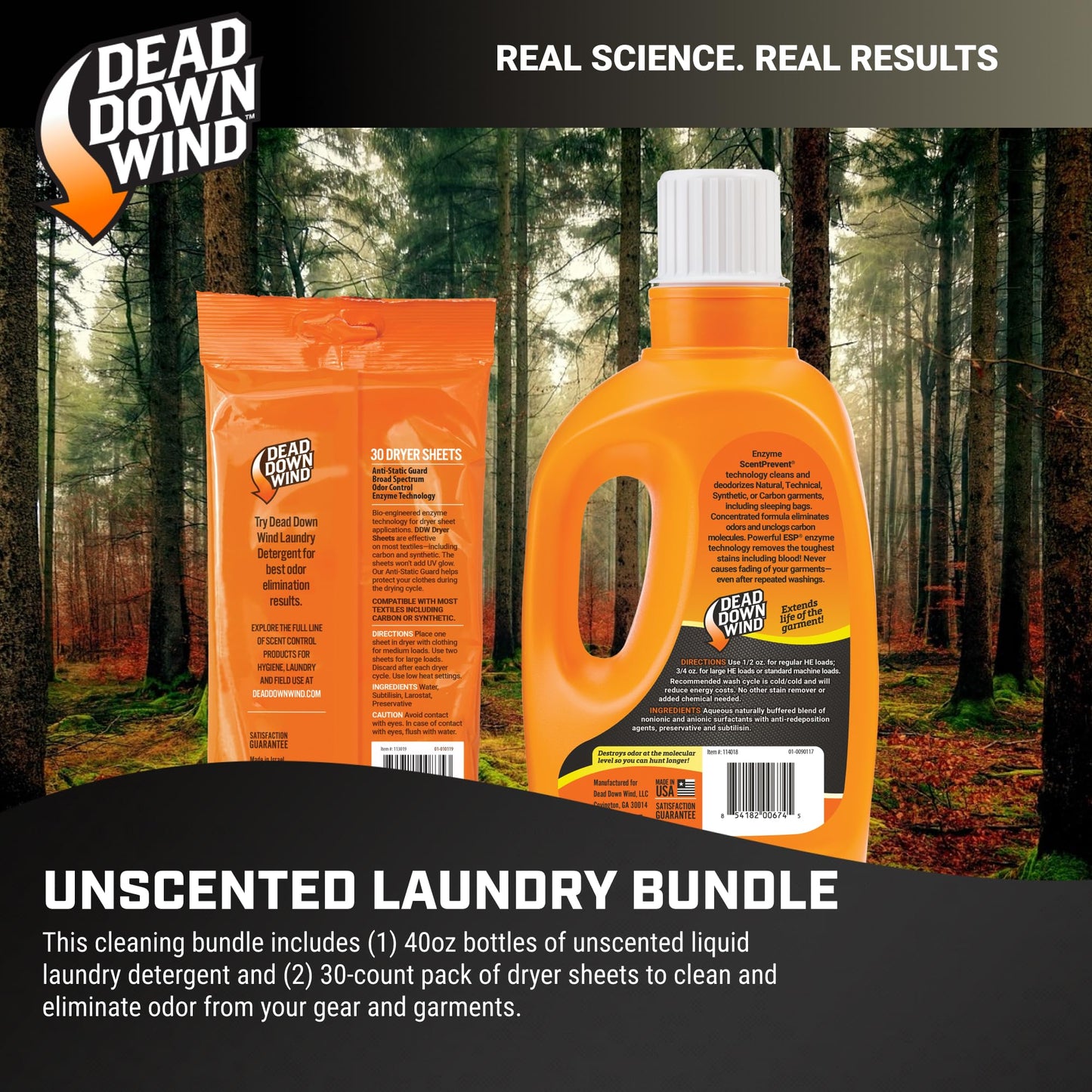 DEAD DOWN WIND Unscented Laundry Detergent Combo (40oz Liquid Detergent & 1-30ct Dryer Sheet) - Hunting Scent Control - Durable Hunting Scent