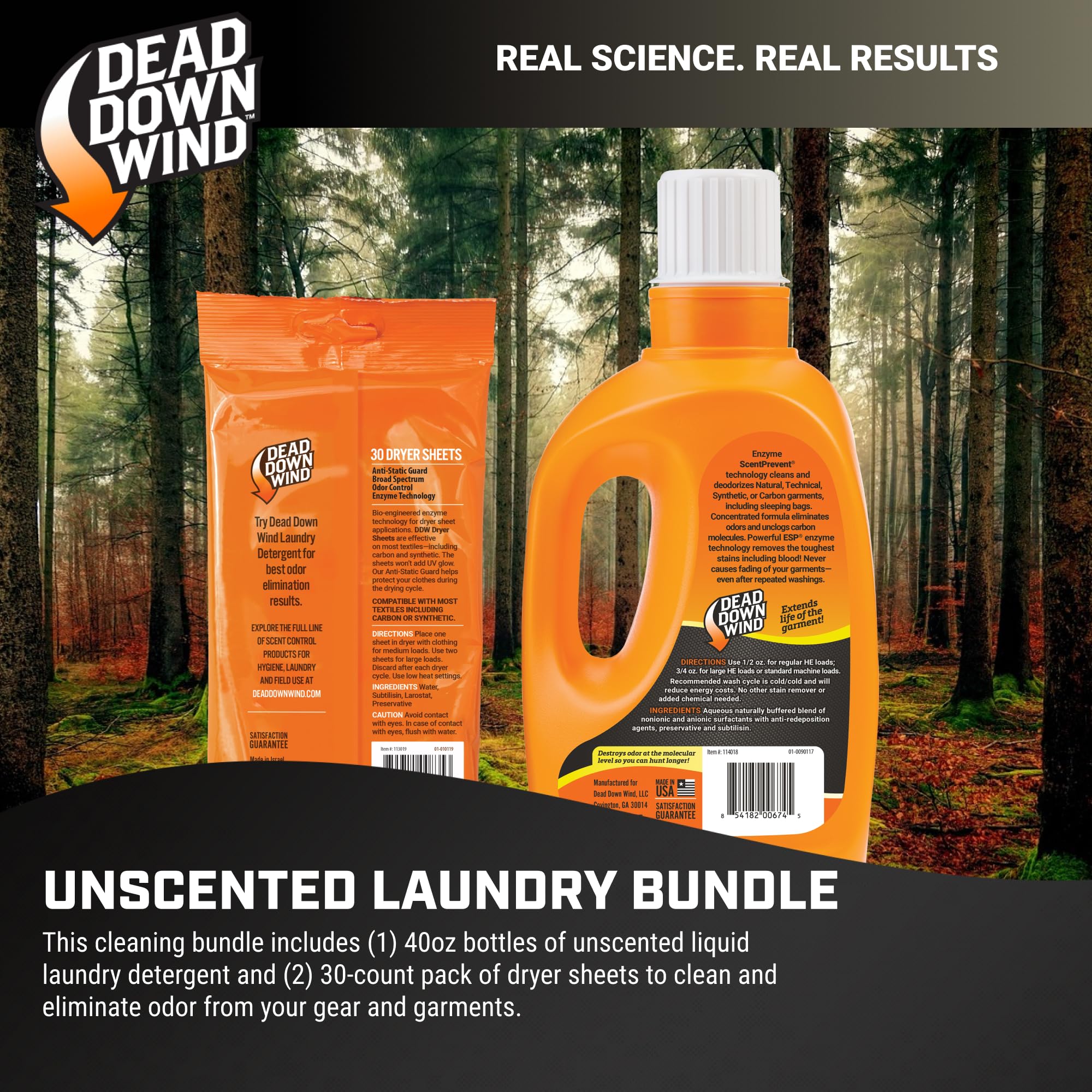 DEAD DOWN WIND Unscented Laundry Detergent Combo (40oz Liquid Detergent & 1-30ct Dryer Sheet) - Hunting Scent Control - Durable Hunting Scent