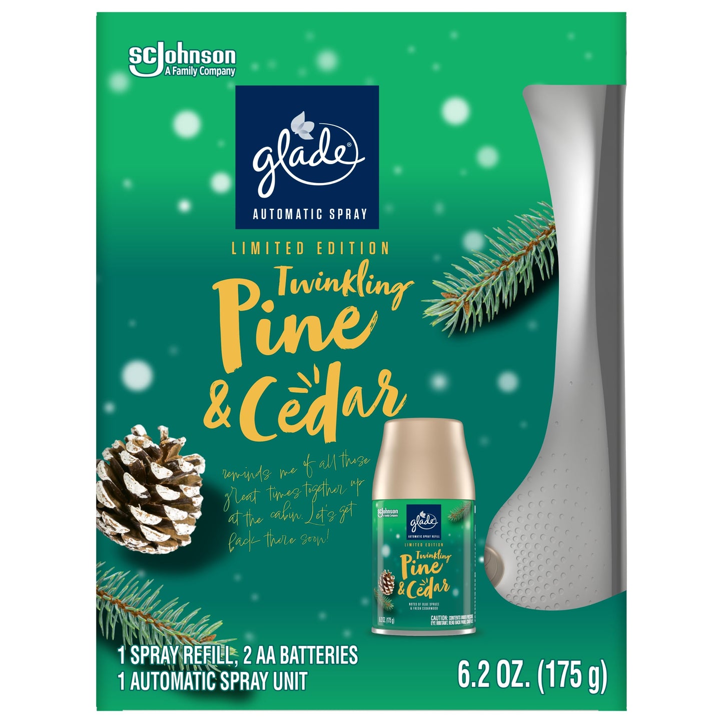 Glade Automatic Spray Refill and Holder Kit, Air Freshener for Home and Bathroom, Twinkling Pine & Cedar, 6.2 Oz