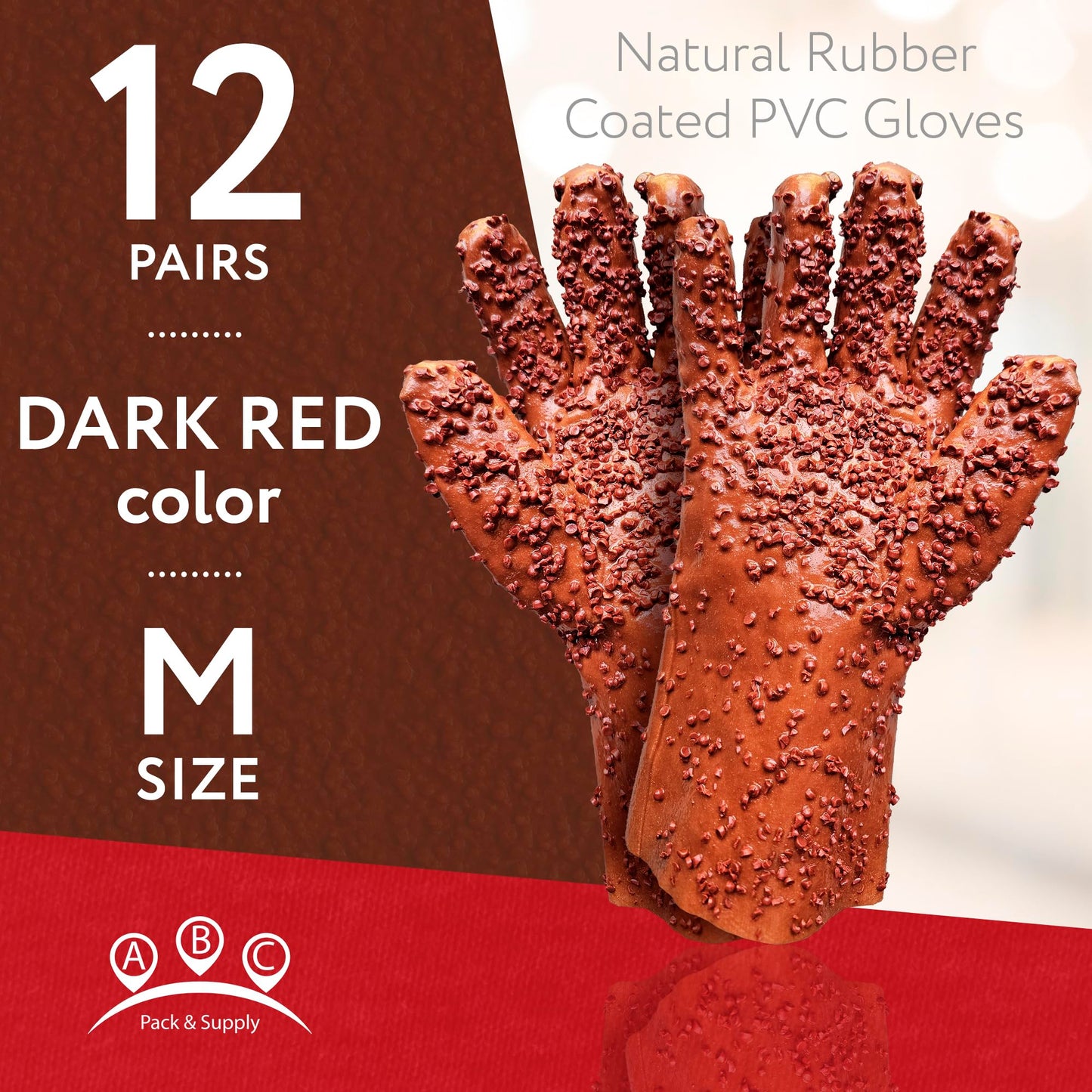ABC PACK & SUPPLY Natural Rubber Coated PVC Gloves, Men's Size. Pack of 24 (12 Pairs) Dark Red Waterproof Work Gloves with a Rocky Finish. Heavy-Duty