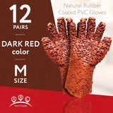 ABC PACK & SUPPLY Natural Rubber Coated PVC Gloves, Men's Size. Pack of 24 (12 Pairs) Dark Red Waterproof Work Gloves with a Rocky Finish. Heavy-Duty