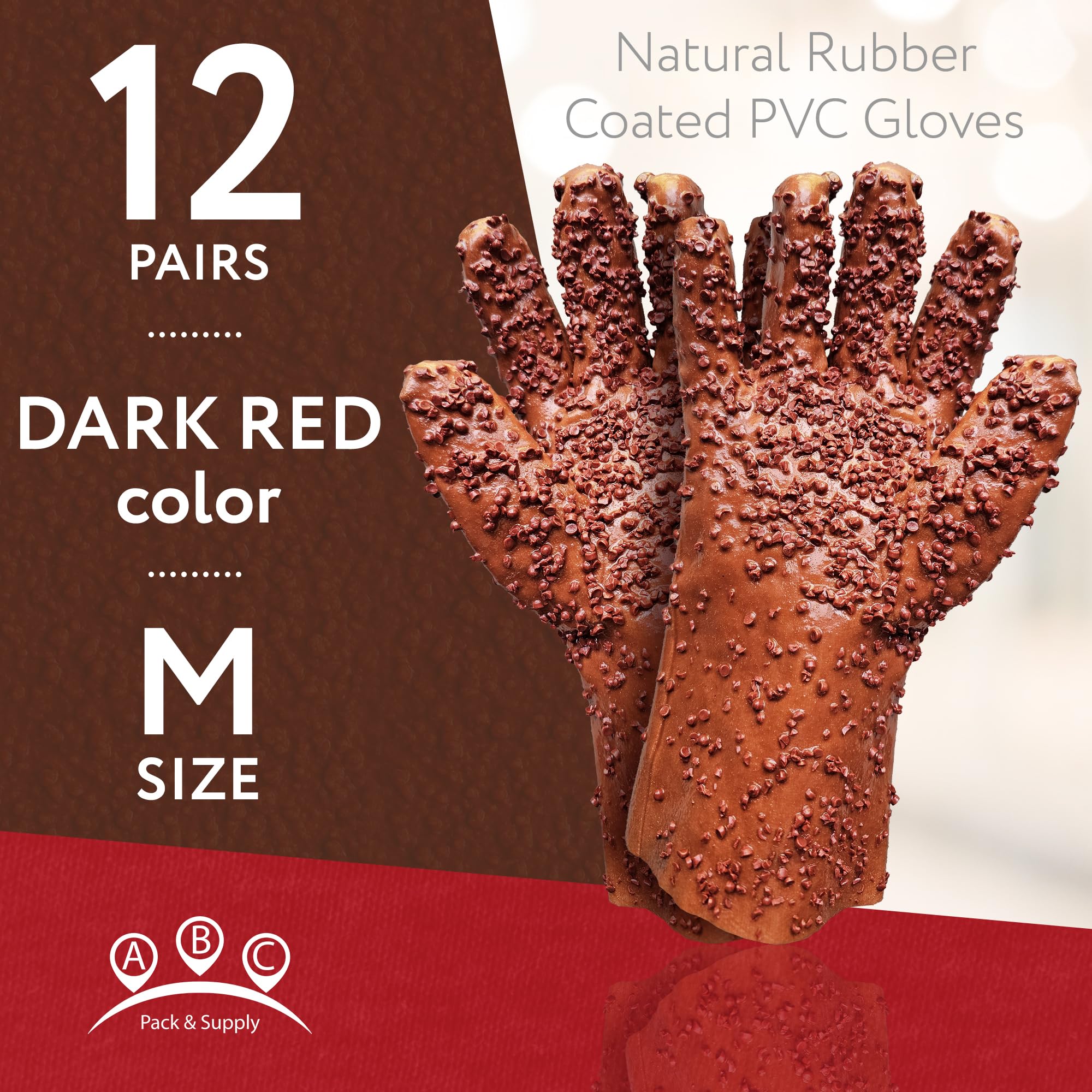 ABC PACK & SUPPLY Natural Rubber Coated PVC Gloves, Men's Size. Pack of 24 (12 Pairs) Dark Red Waterproof Work Gloves with a Rocky Finish. Heavy-Duty
