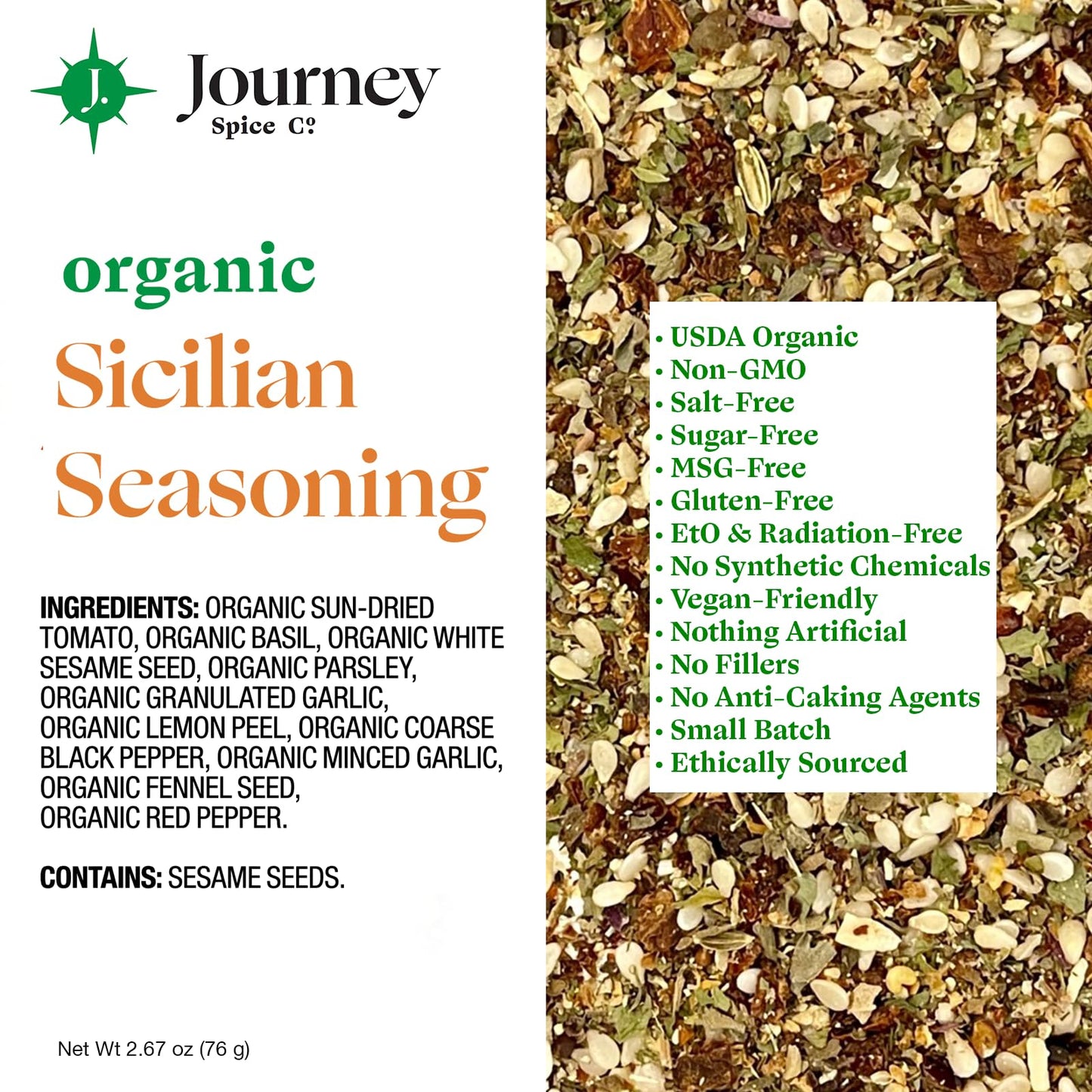 Organic Sicilian Seasoning by Journey Spice Co. | Salt-Free, Sugar-Free, Non-GMO | Natural Mediterranean Italian Spice Herb Blend for Pasta, Veggies