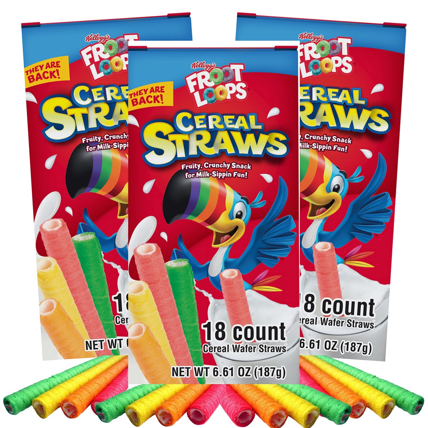 2025 Kellogg's Cereal Straws Froot Loops Edible Breakfast Straw Alternatives for Milk, 90's Childhood Nostalgic Treat for Drinking and Eating, Cereals