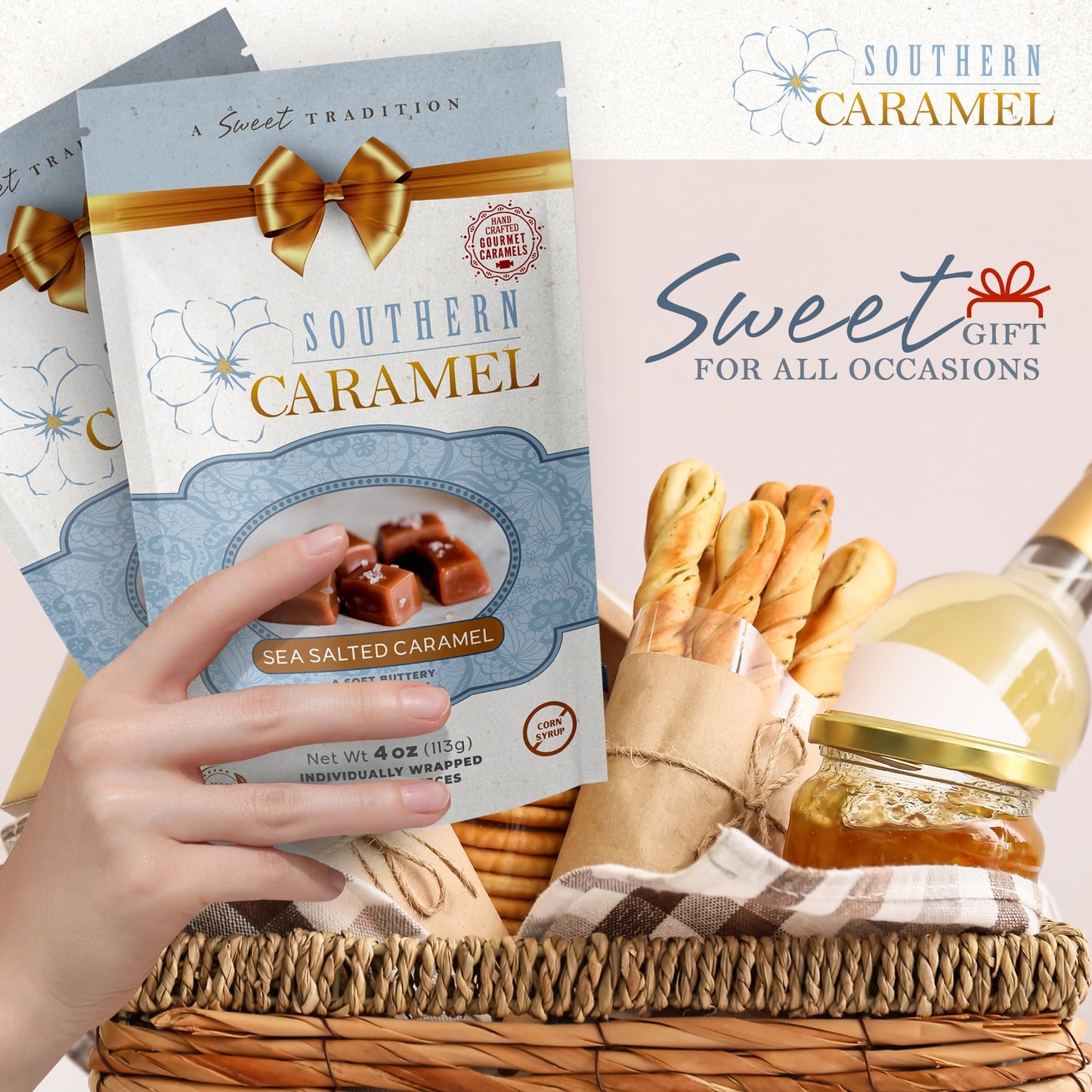 Southern Caramel Sea Salted Caramels, Rich, Buttery Caramel Candy with a Sprinkle of Coarse Sea Salt, Sweet & Salty, Handcrafted, No Corn Syrup