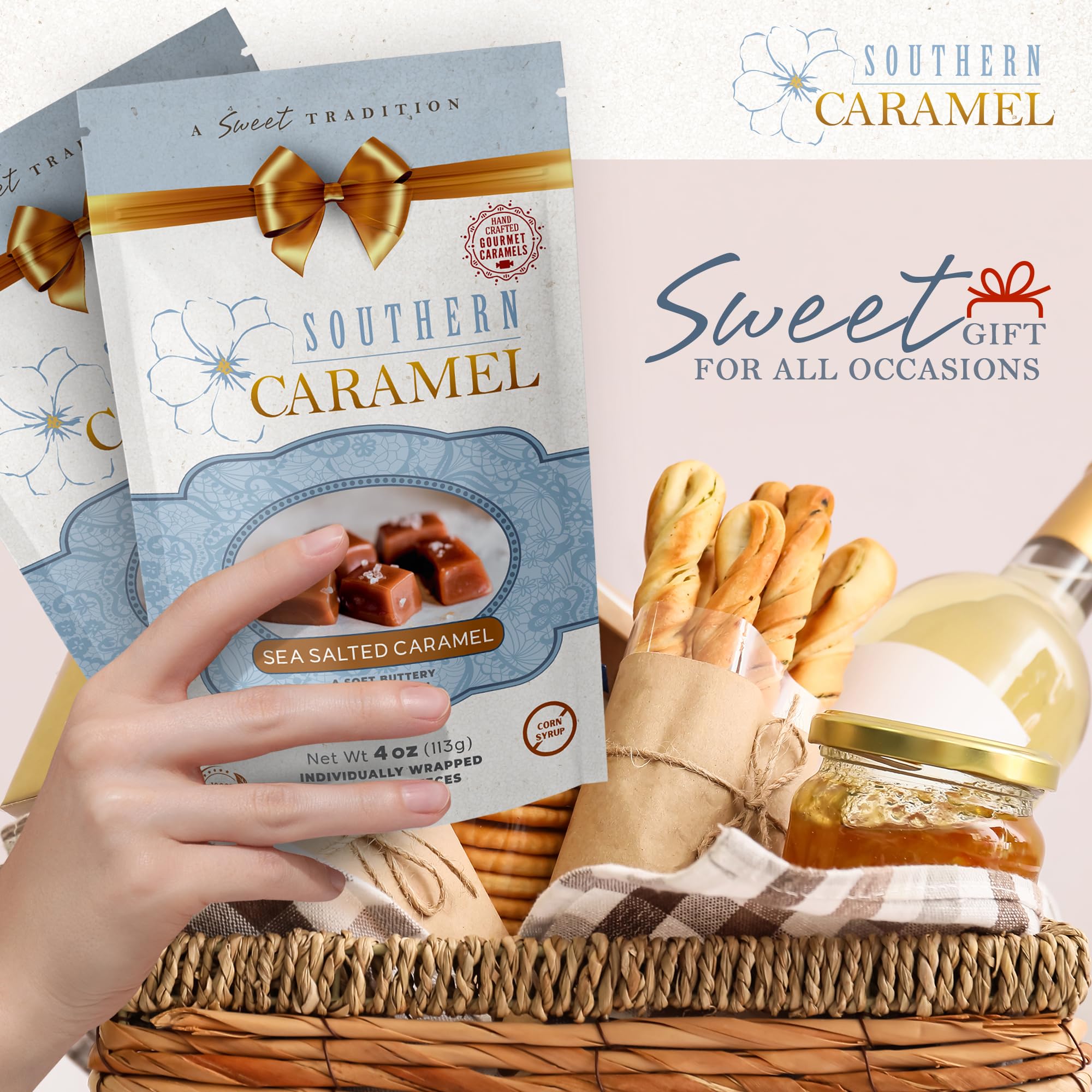 Southern Caramel Sea Salted Caramels, Rich, Buttery Caramel Candy with a Sprinkle of Coarse Sea Salt, Sweet & Salty, Handcrafted, No Corn Syrup