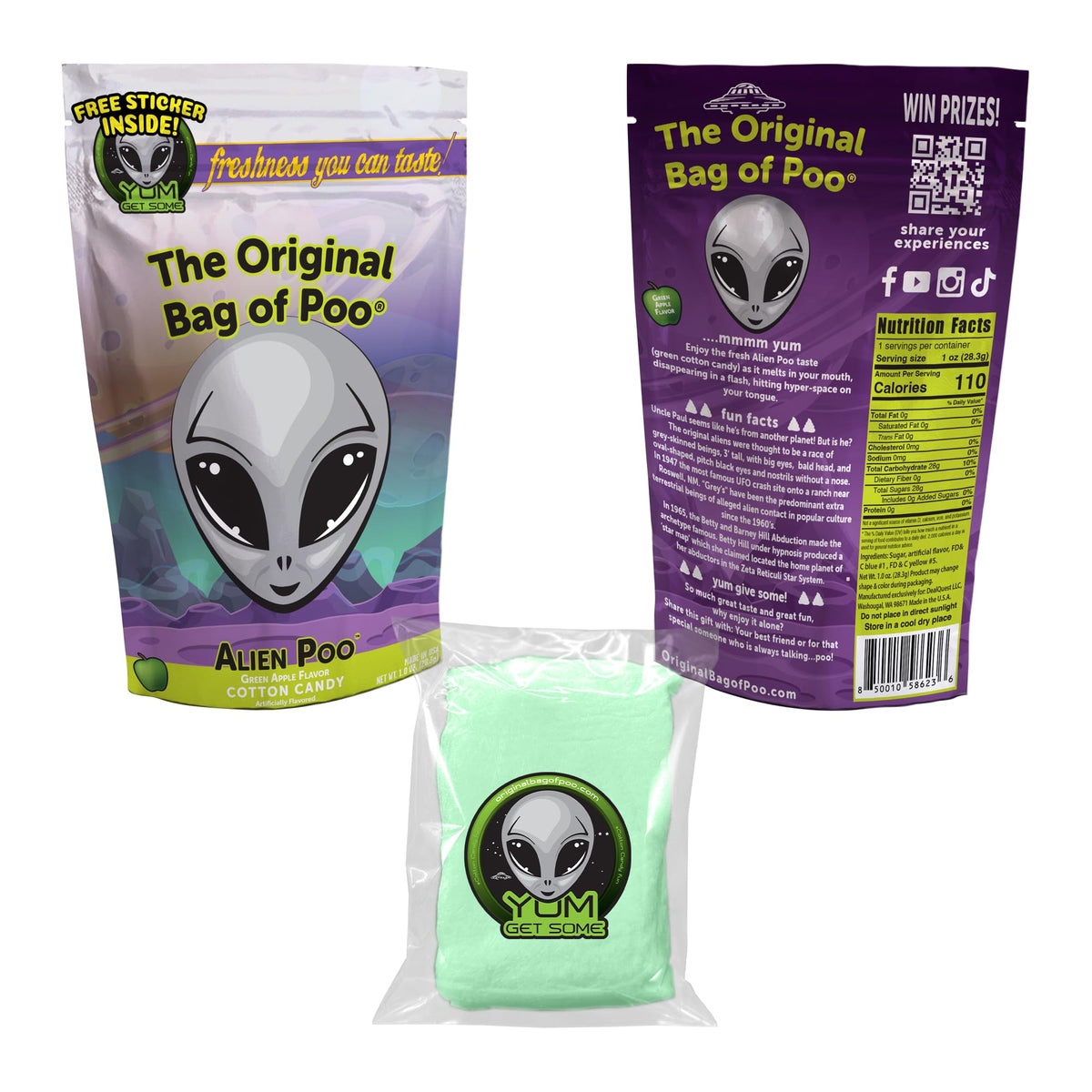The Original Bag of Poo®, Alien Poo (Green Apple Flavor Cotton Candy) Novelty Poop Gag Gift. Free sticker inside.