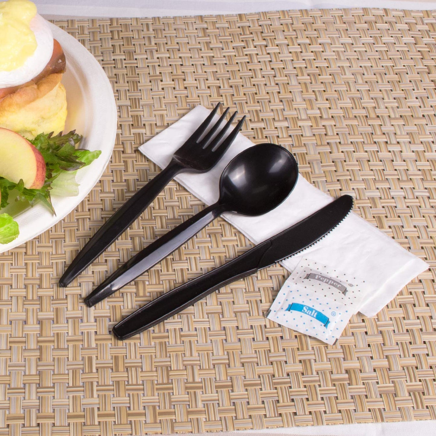 Karat [250 ct] Medium Weight Wrapped Black Plastic Cutlery Pack (Fork/ Knife/ Spoon with Salt & Pepper, Napkin) U2202B