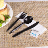 Karat [250 ct] Medium Weight Wrapped Black Plastic Cutlery Pack (Fork/ Knife/ Spoon with Salt & Pepper, Napkin) U2202B