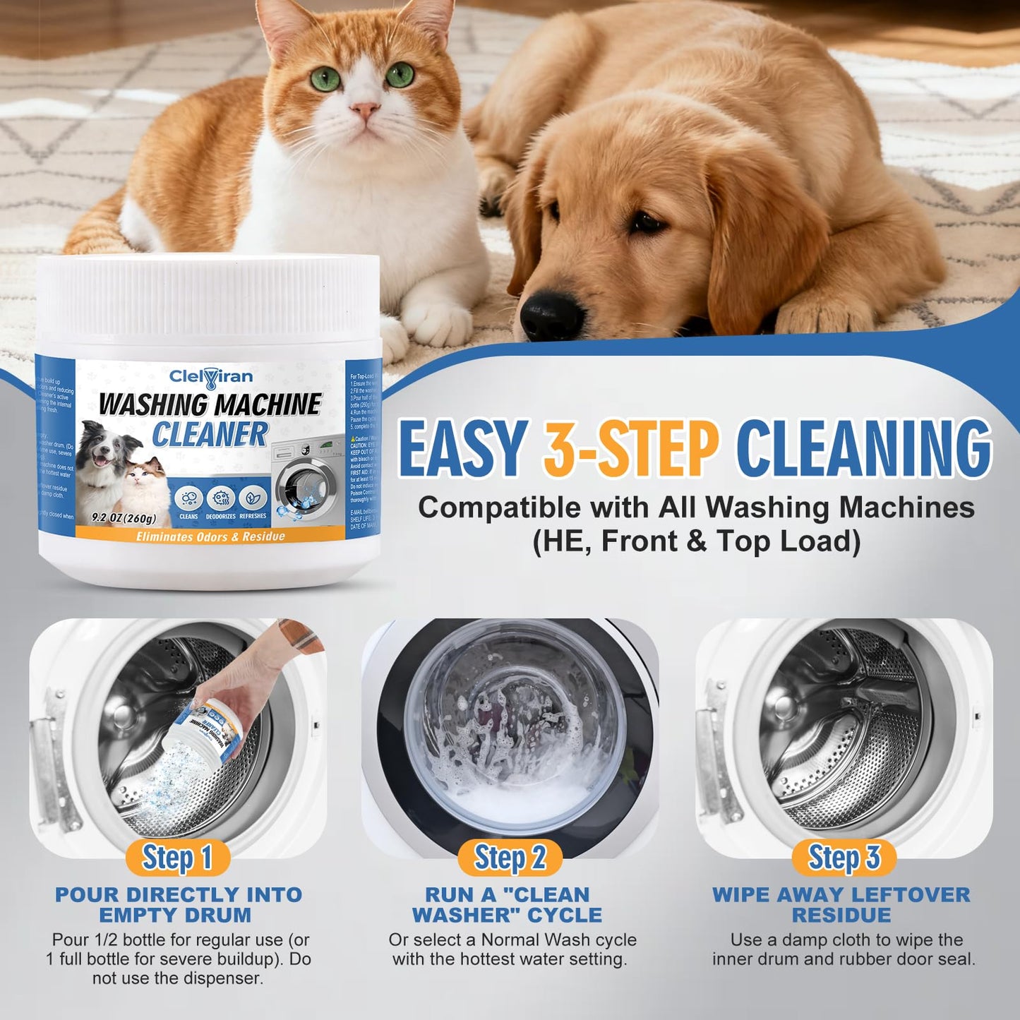 Clelviran Pet Hair Washing Machine Cleaner Powder, Enzyme Action Removes Odor Causing Residue and Grime Deep Inside Pump, HE Front and Top Load Washer